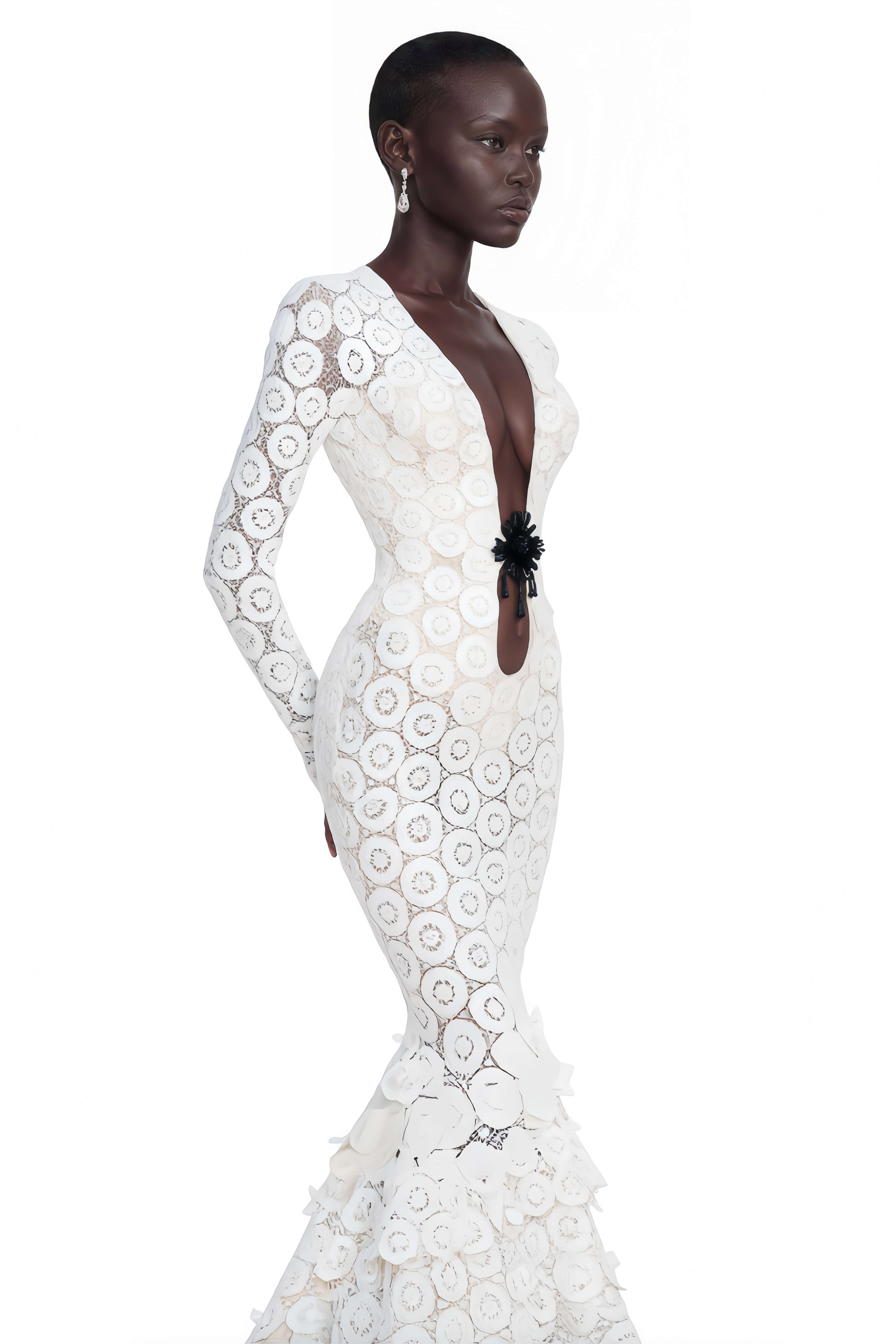 Robe longue moulante en dentelle à col en V Cass White