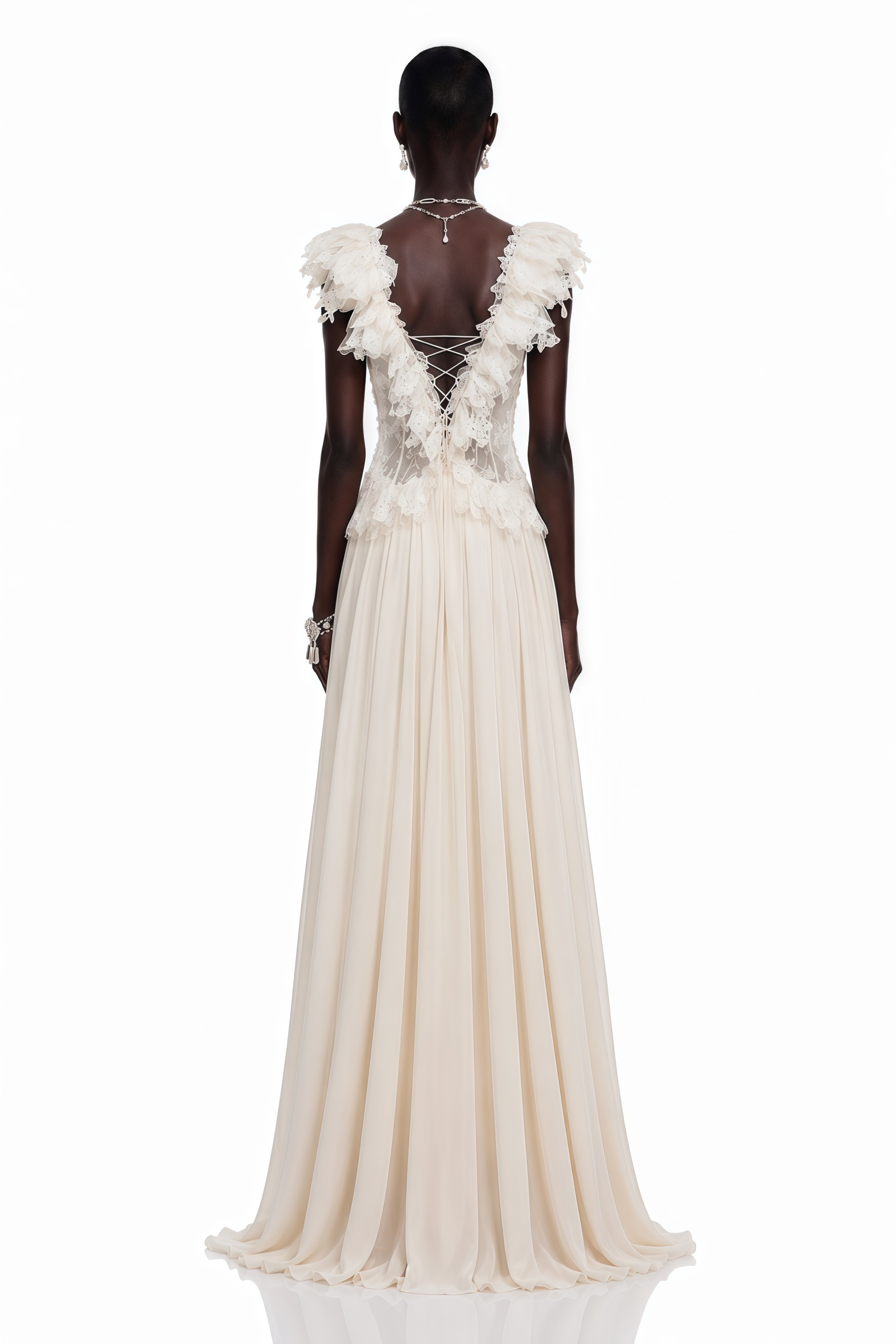 Cassandre Ivory V-Neck Ruffled Maxi Dress with Lace Trim