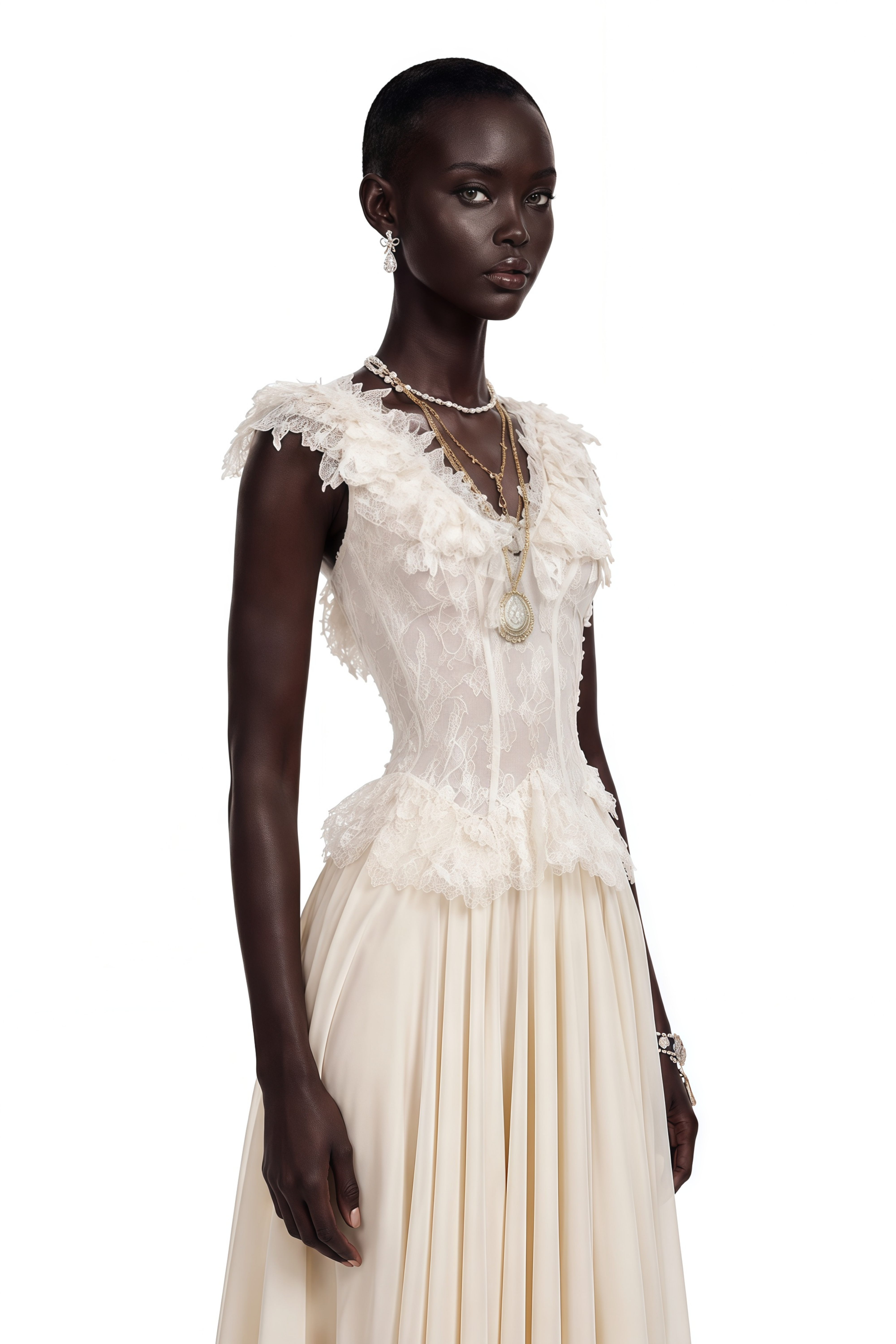 Cassandre Ivory V-Neck Ruffled Maxi Dress with Lace Trim