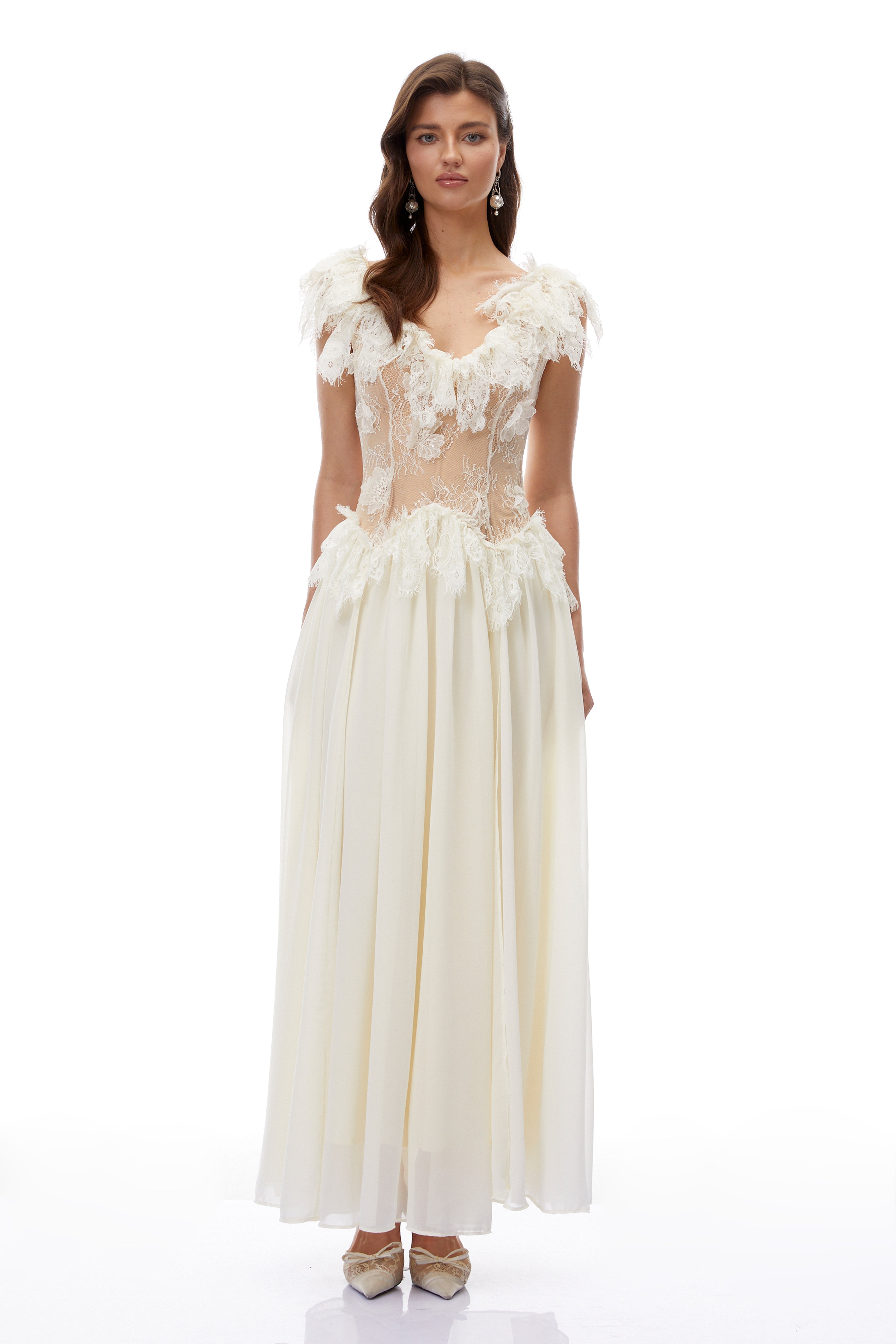 Cassandre Ivory V-Neck Ruffled Maxi Dress with Lace Trim