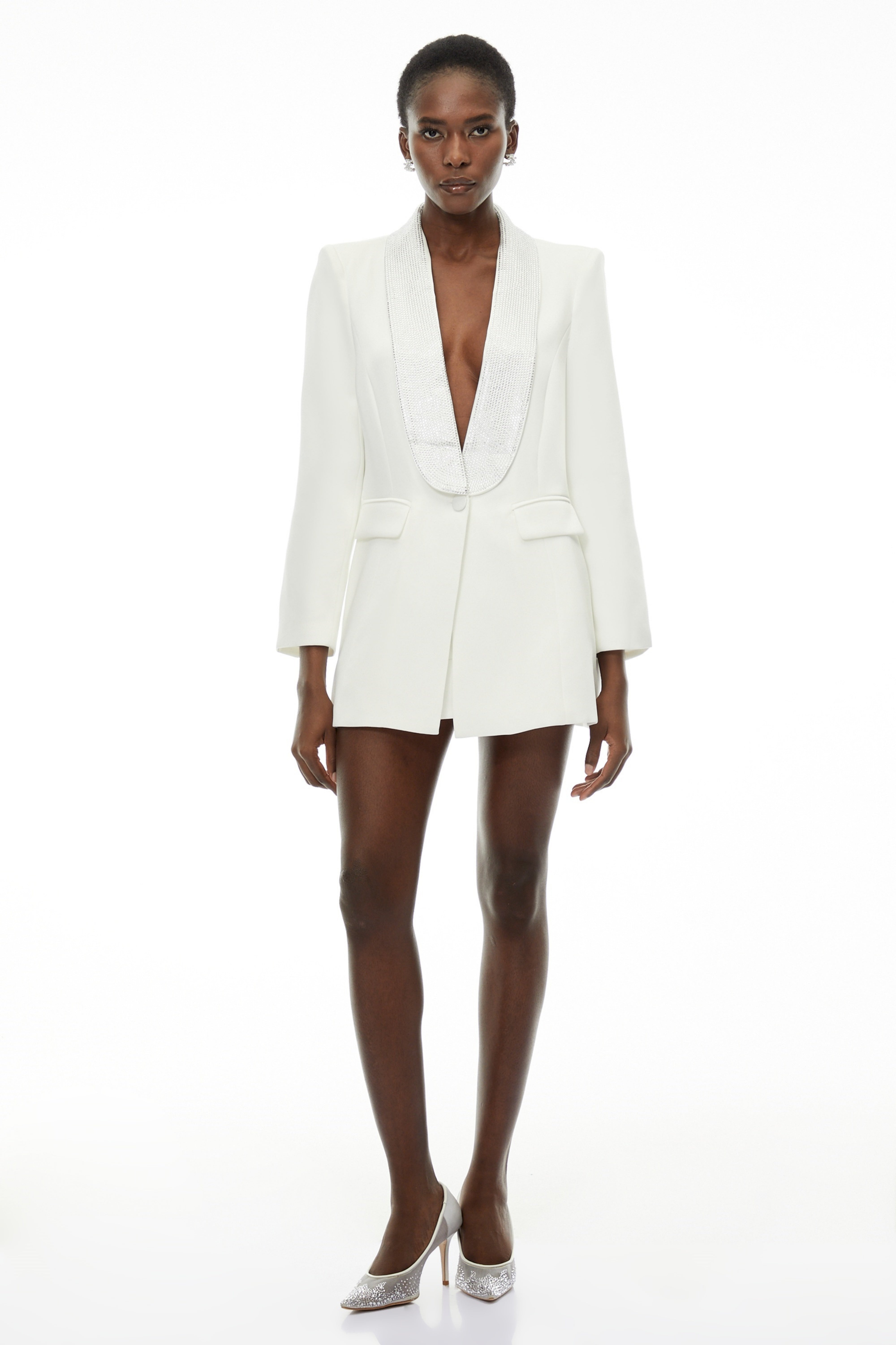 Caterina White Plunge Neck Embellished Blazer