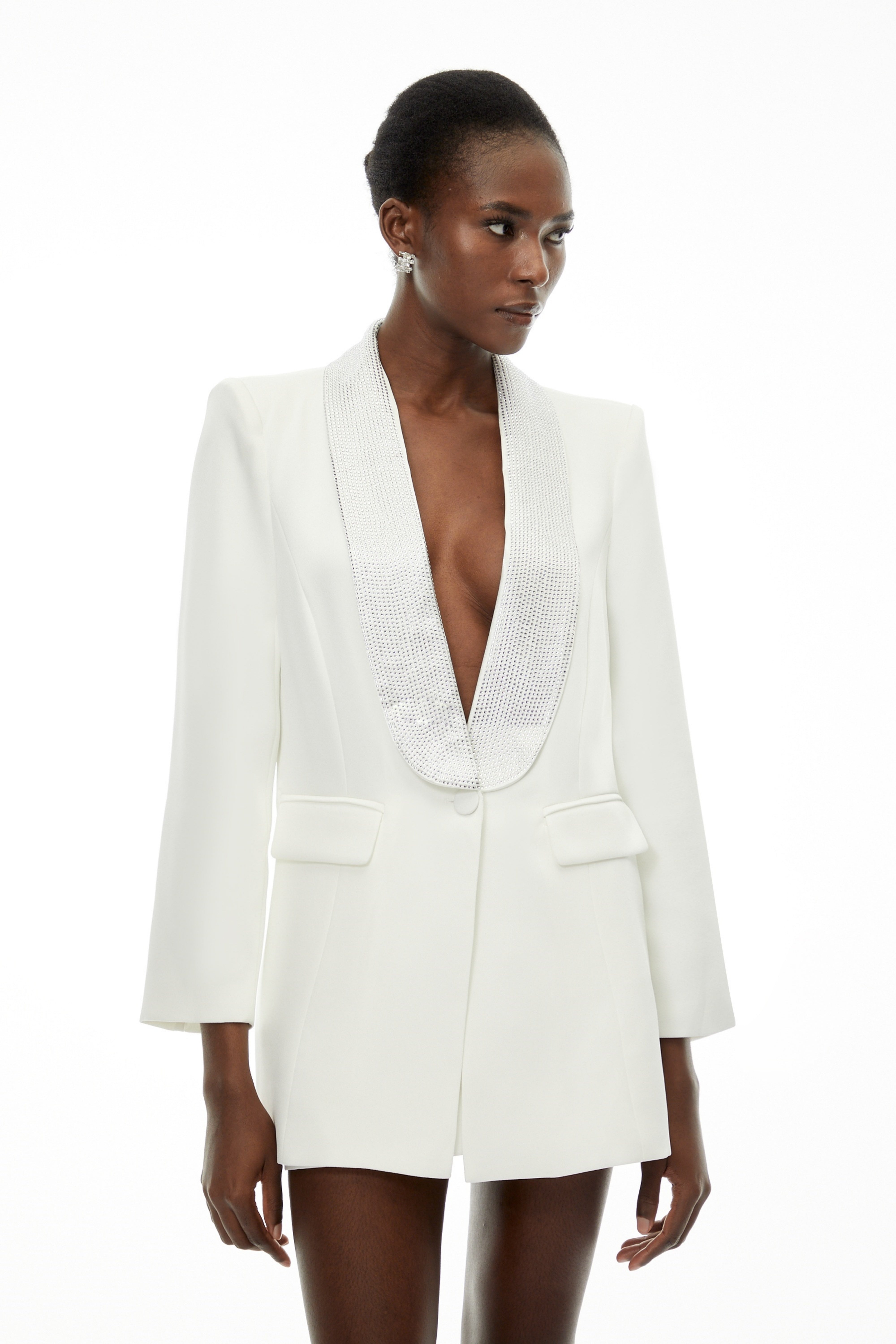 Caterina White Plunge Neck Embellished Blazer