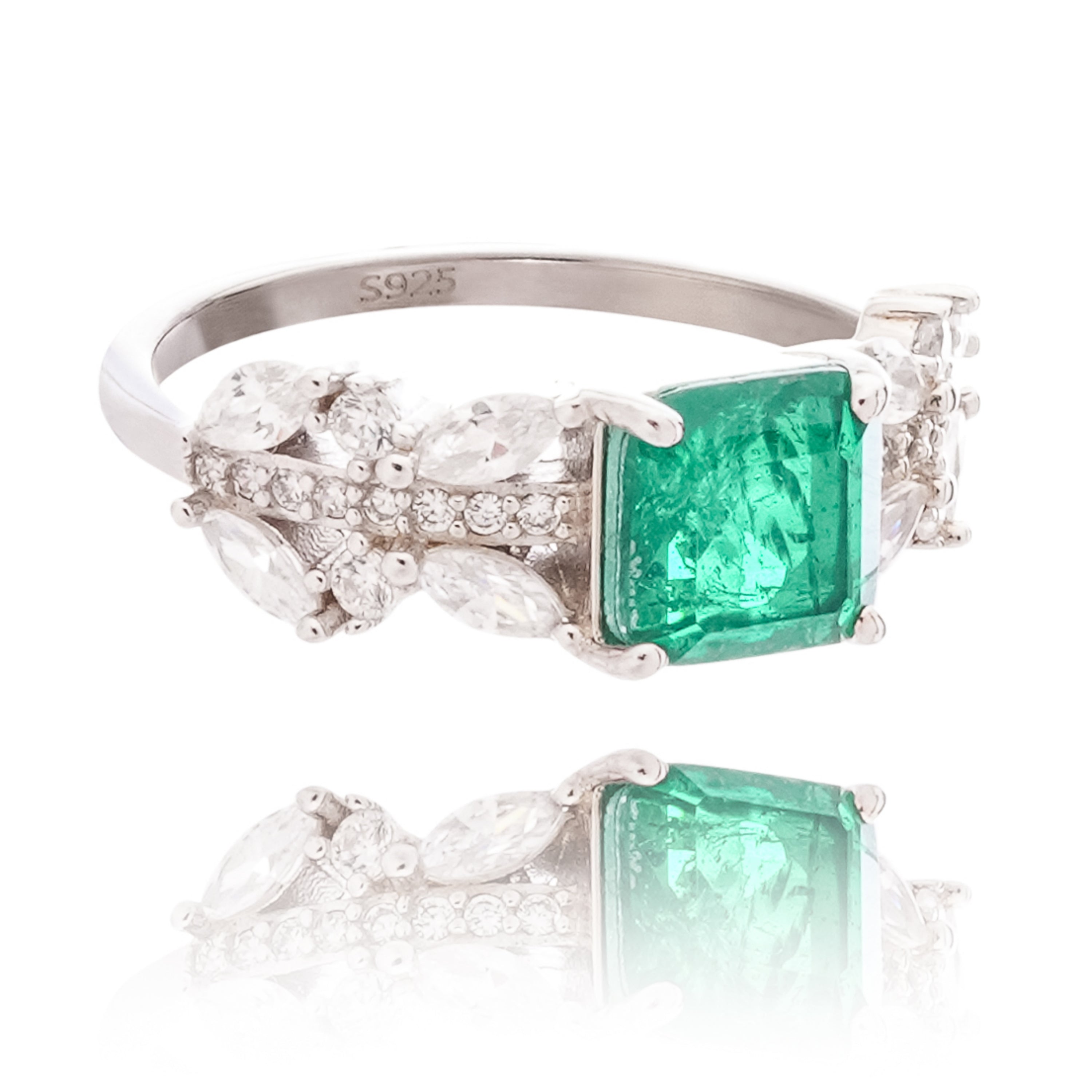 Catherine Emerald Green Square Cut Marquise Floral Crystal Sterling Silver Ring