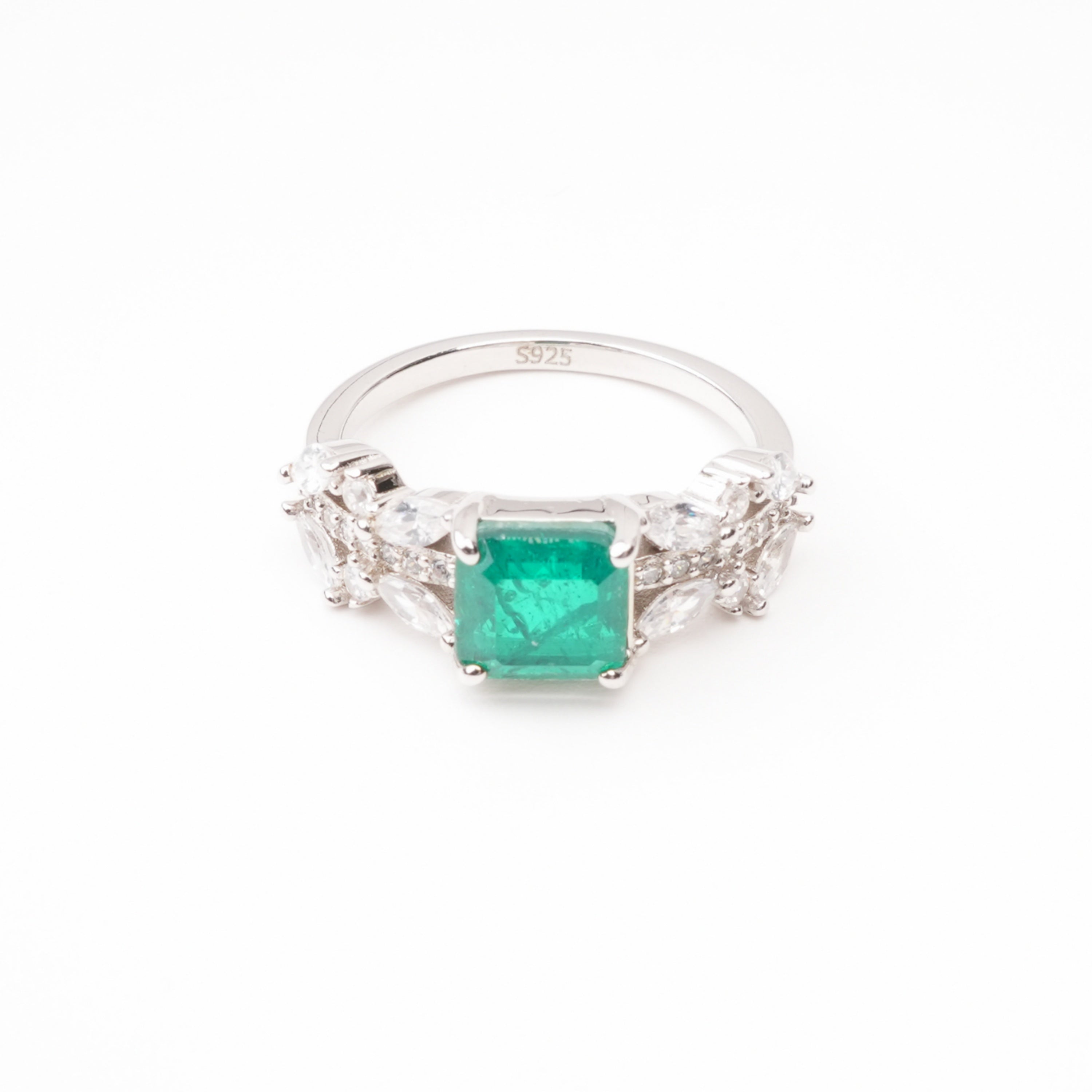Catherine Emerald Green Square Cut Marquise Floral Crystal Sterling Silver Ring