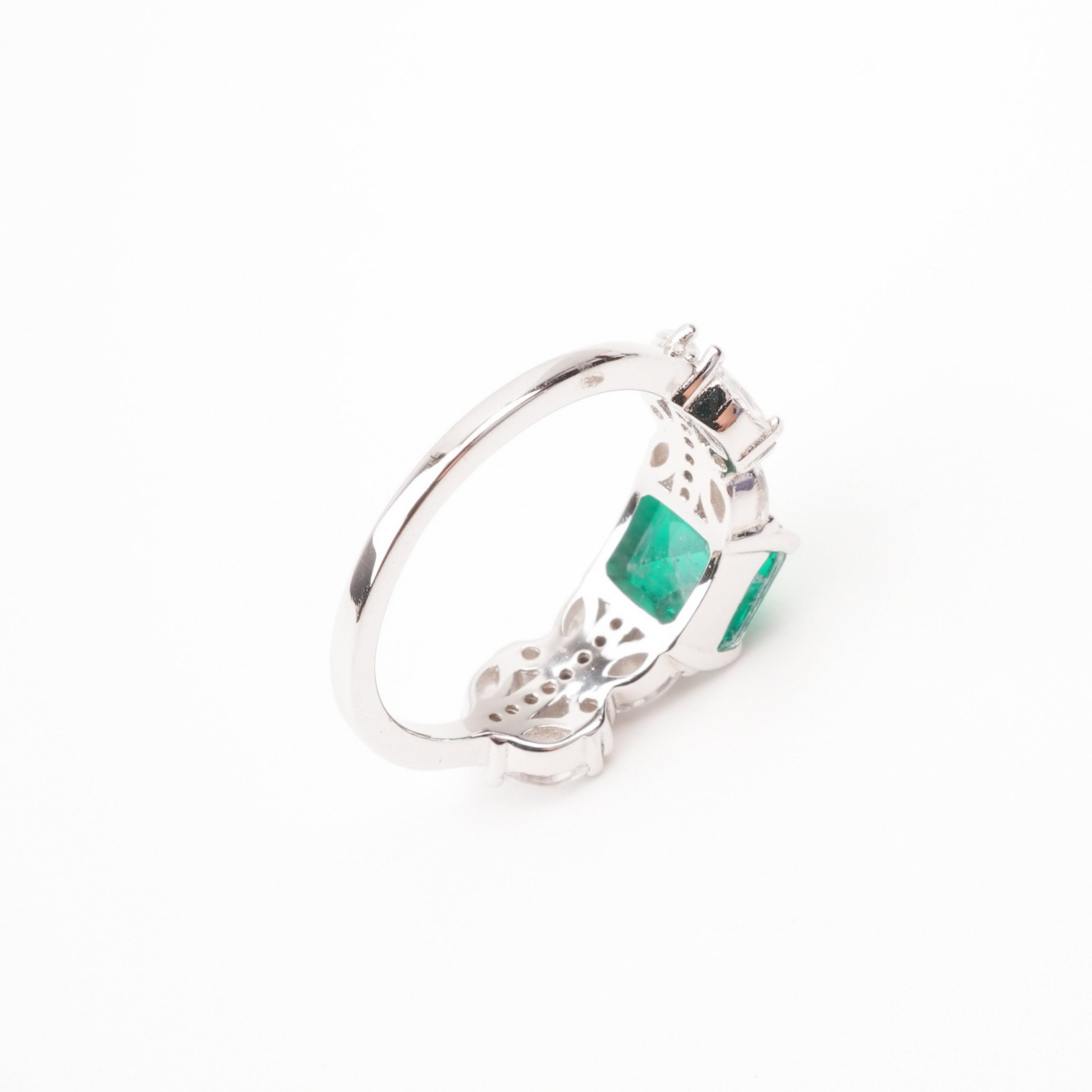 Catherine Emerald Green Square Cut Marquise Floral Crystal Sterling Silver Ring