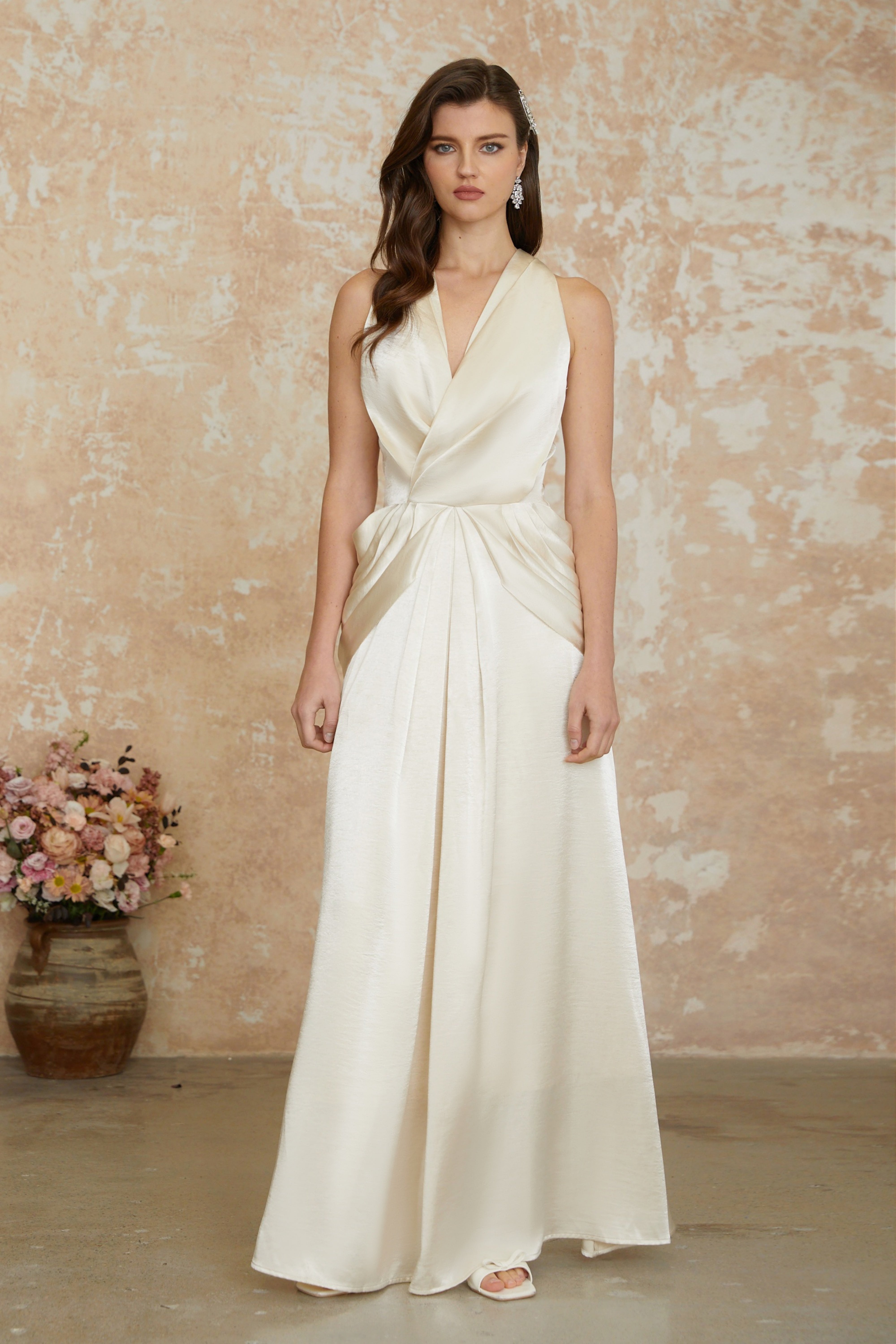 Cathmore Champagne Halterneck Draped Maxi Dress