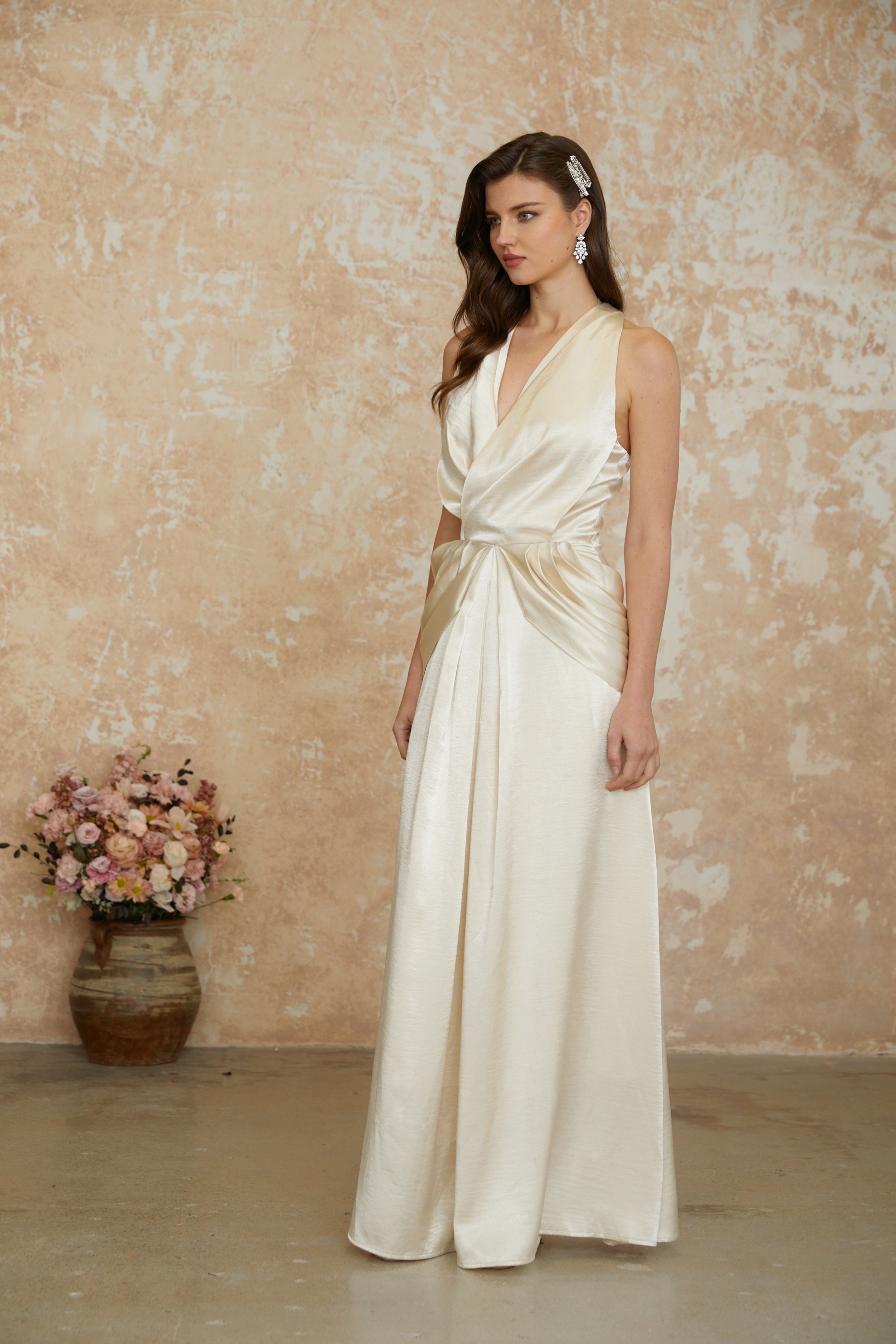 Cathmore Champagne Halterneck Draped Maxi Dress