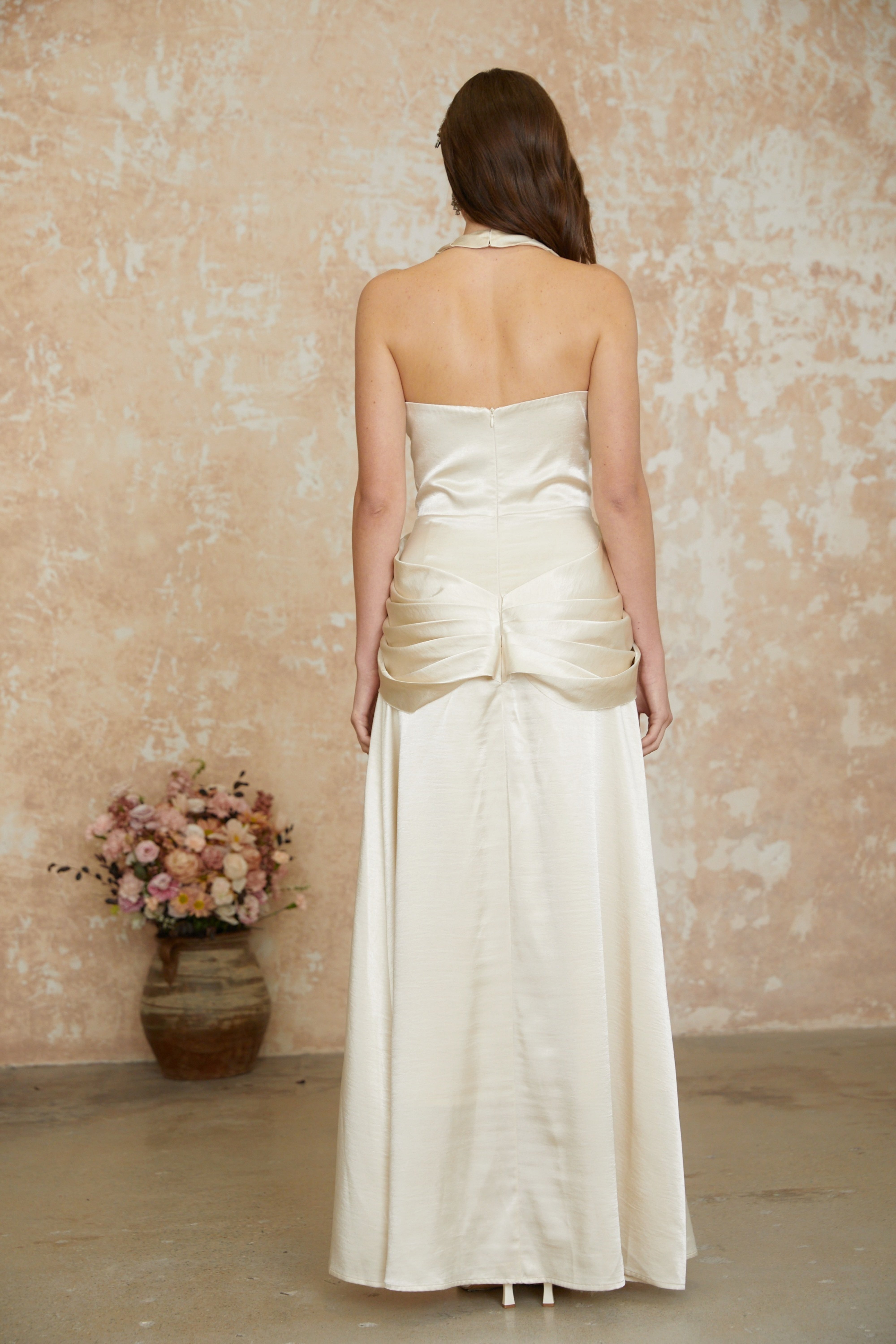 Cathmore Champagne Halterneck Draped Maxi Dress