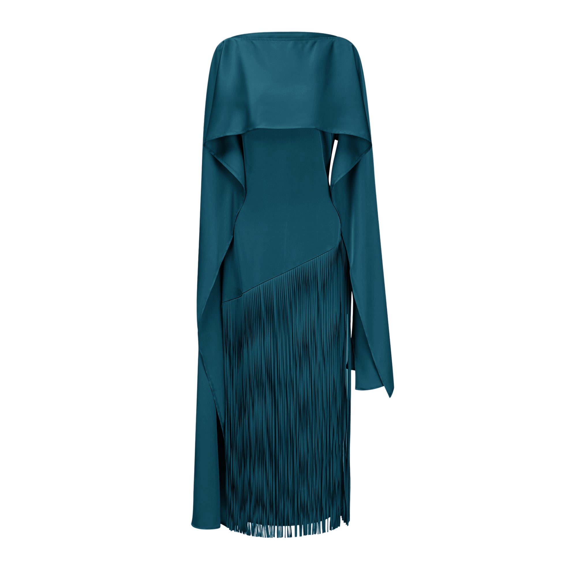 Cayetana Teal Fringe Maxi Dress with Cape Effect