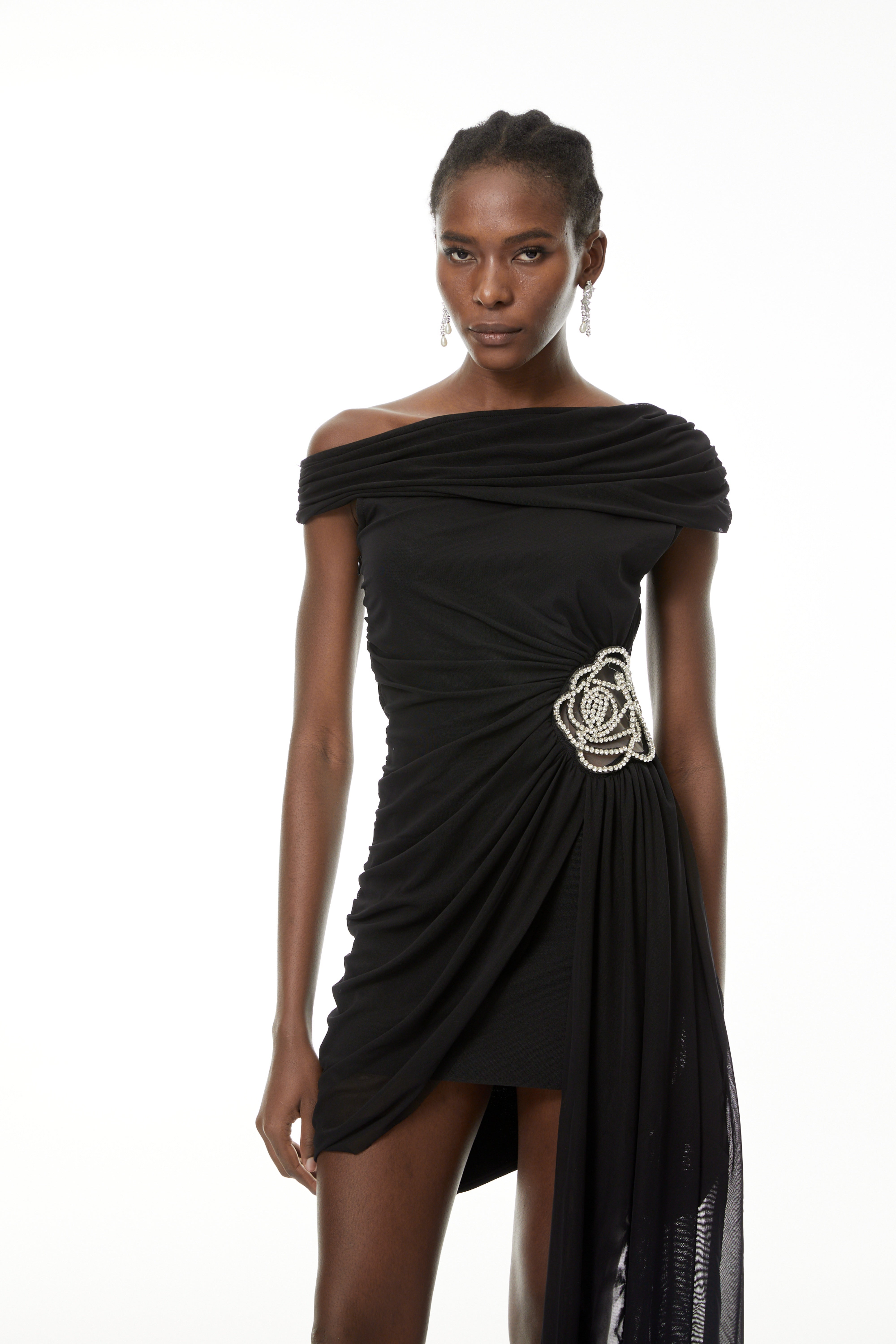 Cecil Black Rhinestone Floral Ruched Mini Dress