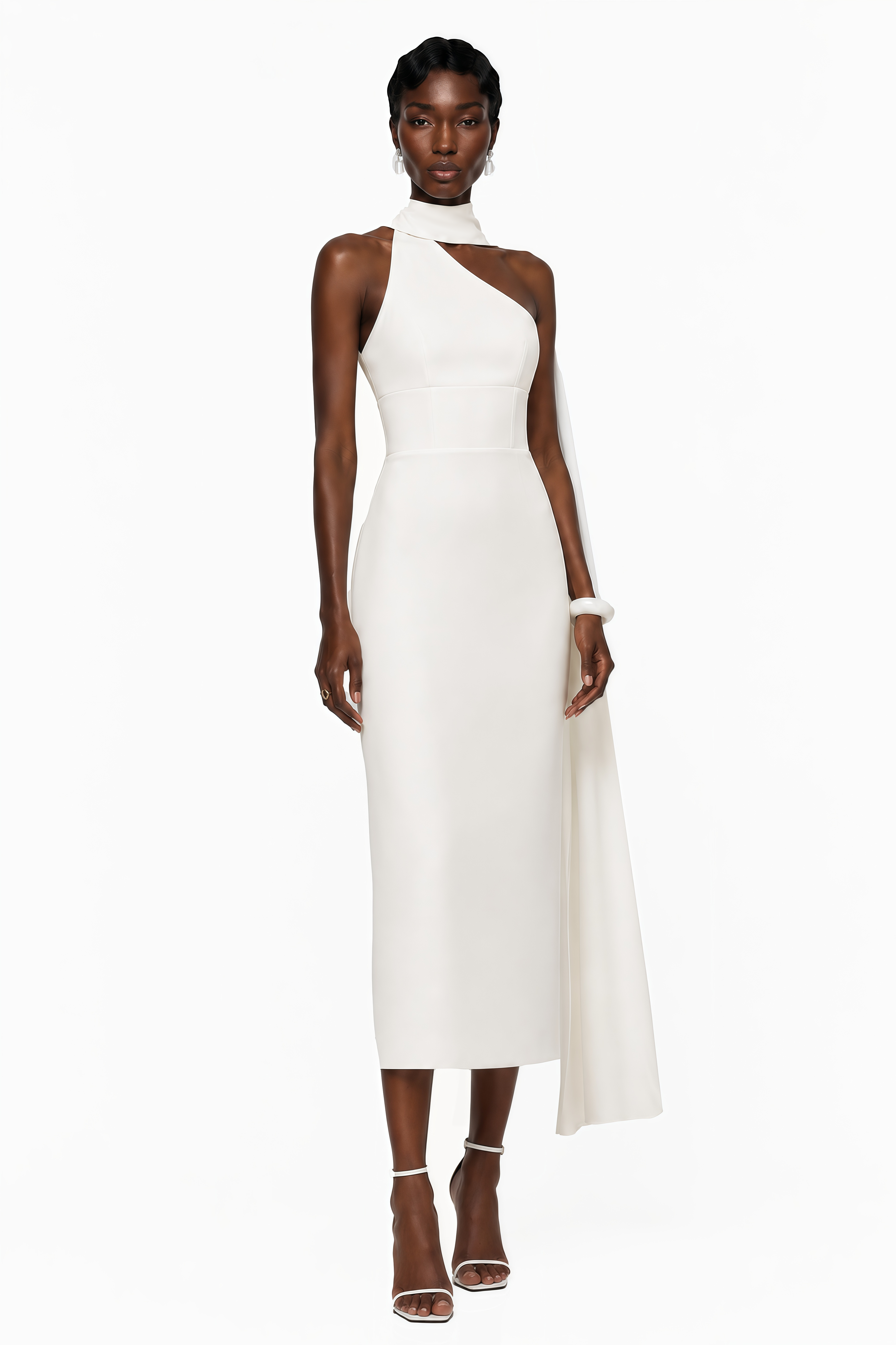 Cennet White One Shoulder Midi Dress with Cape