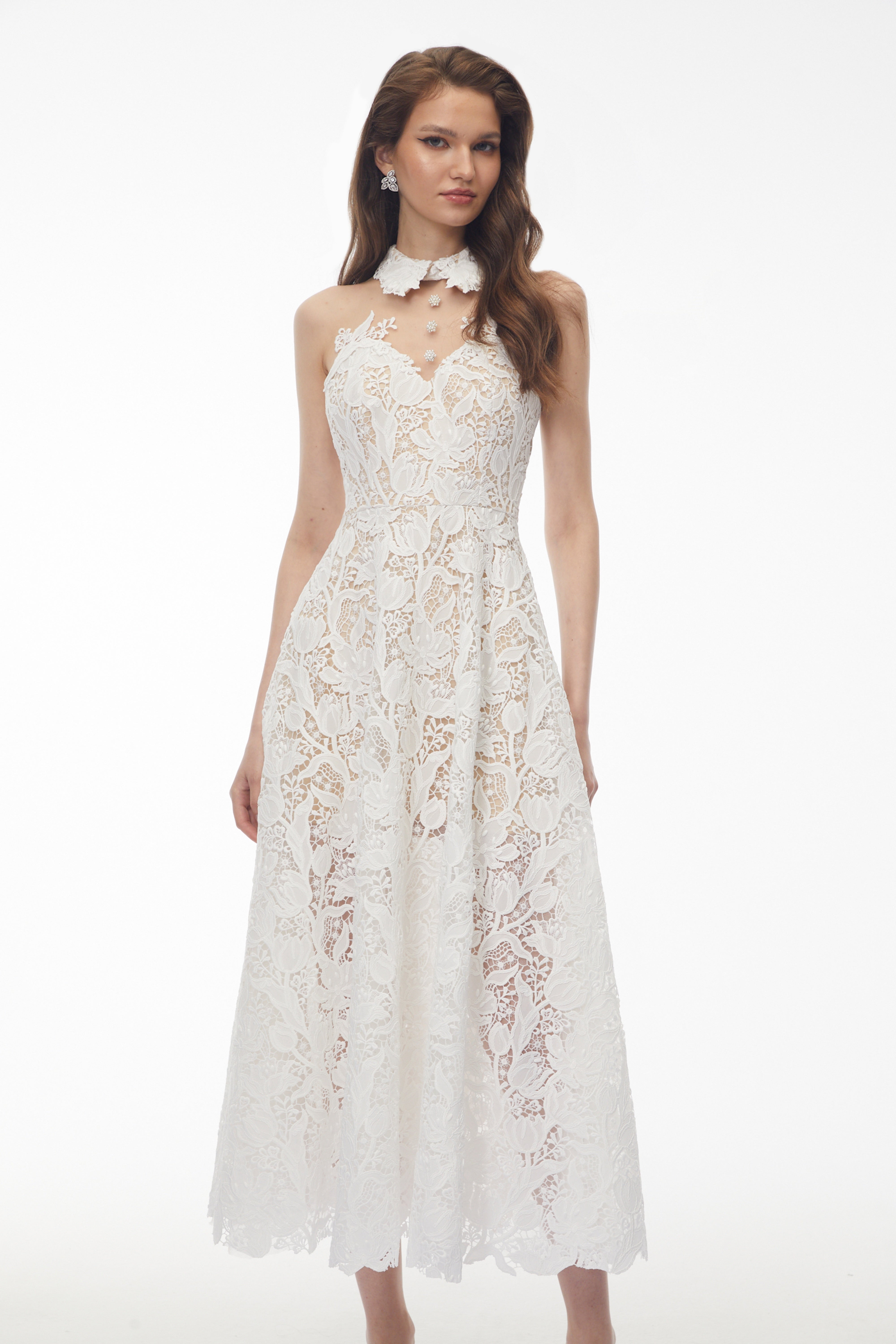 Chakame – Weißes Midi-Kleid mit Blumenmuster und Spitze