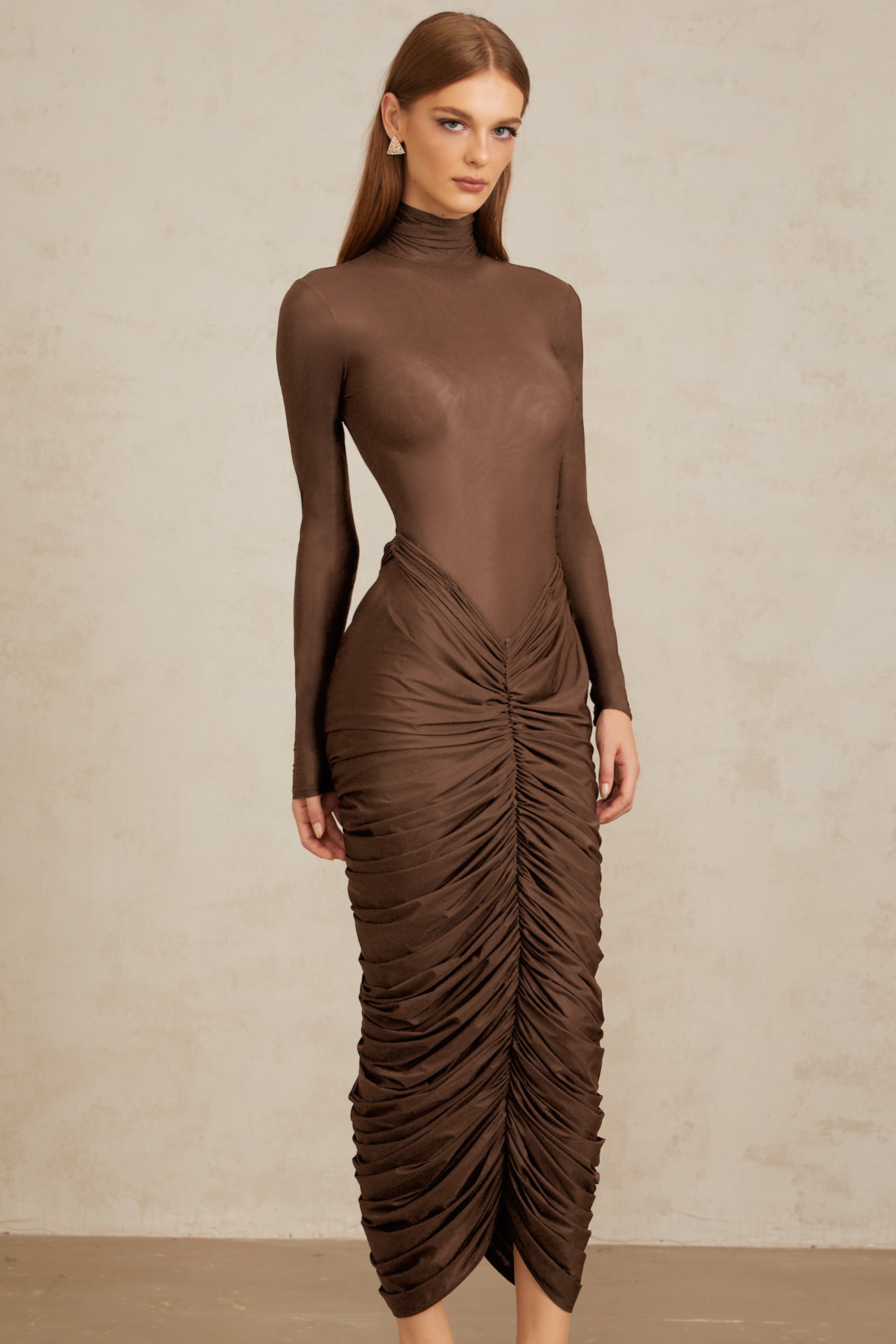 Brown turtleneck long-sleeved midi dress with a ruched skirt