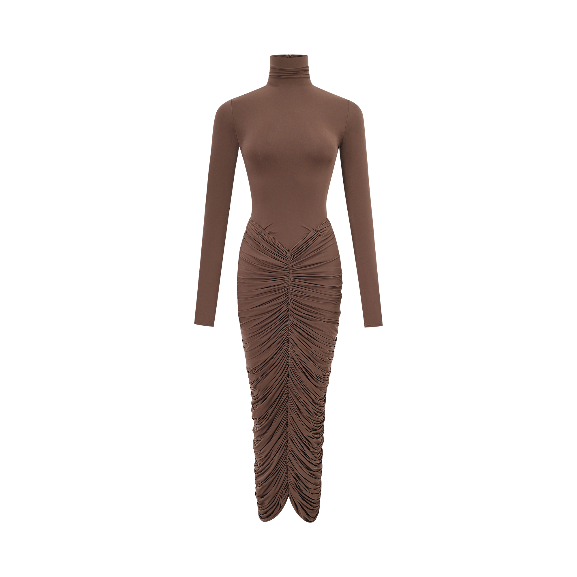 Brown turtleneck long-sleeved midi dress with a ruched skirt