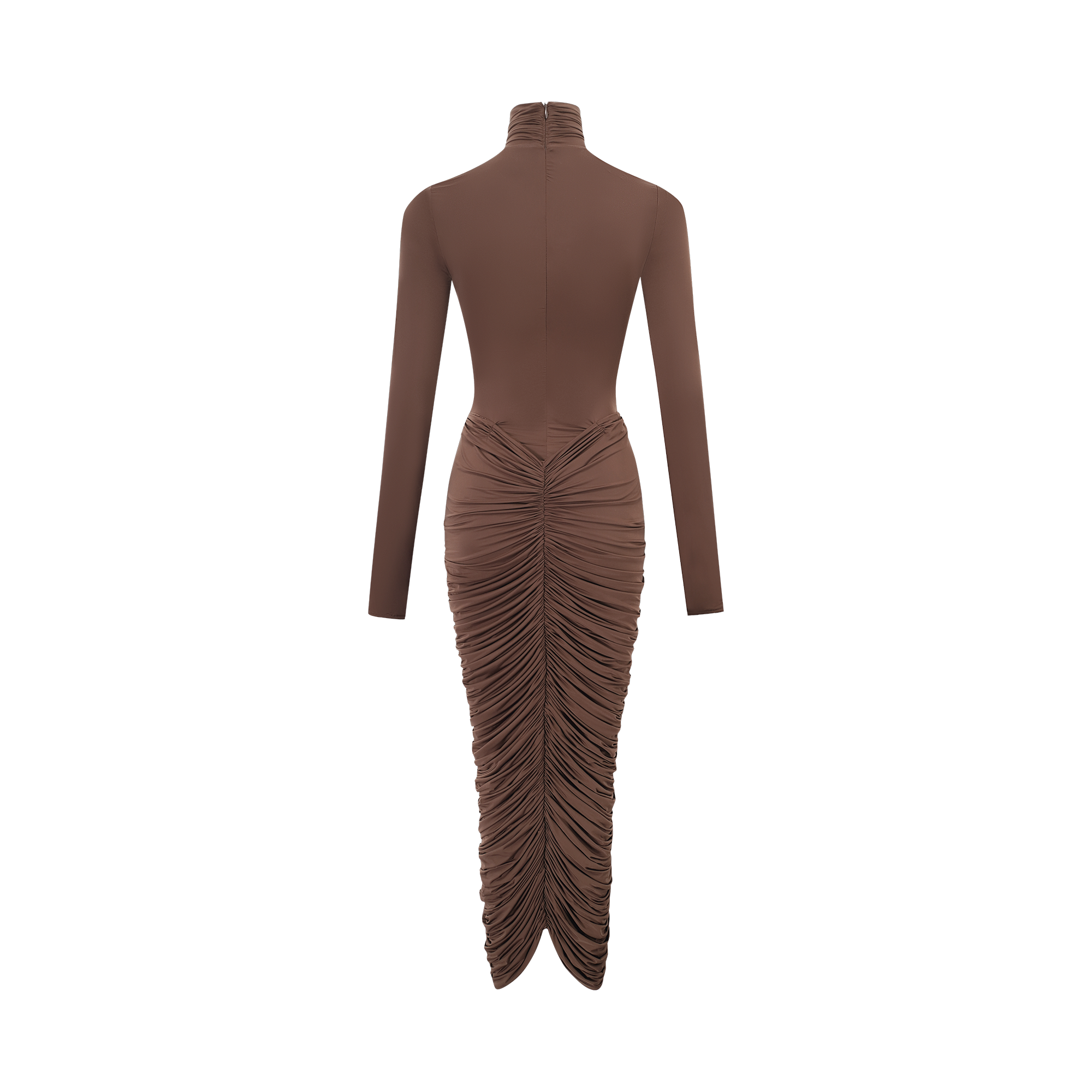 Brown turtleneck long-sleeved midi dress with a ruched skirt