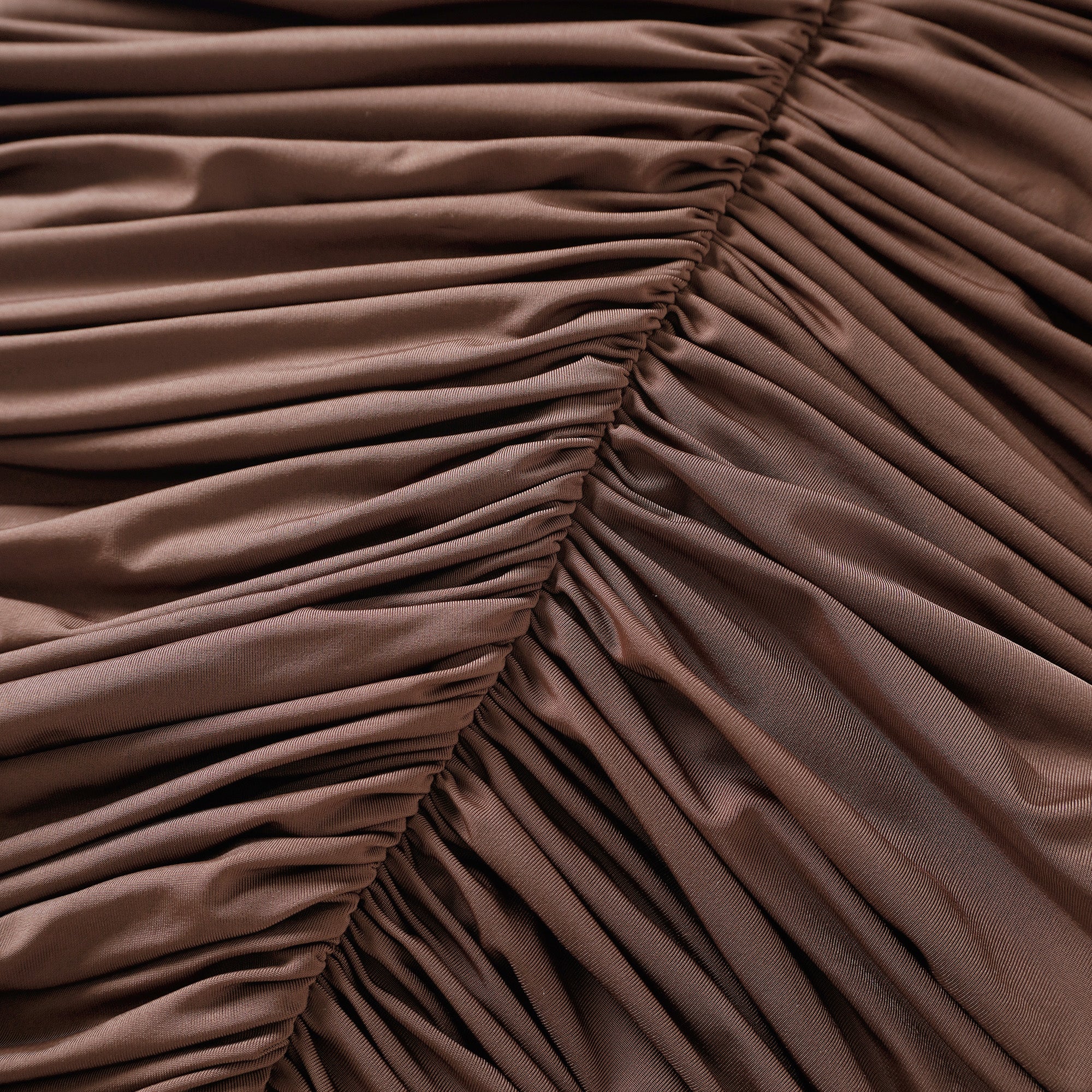 Brown turtleneck long-sleeved midi dress with a ruched skirt