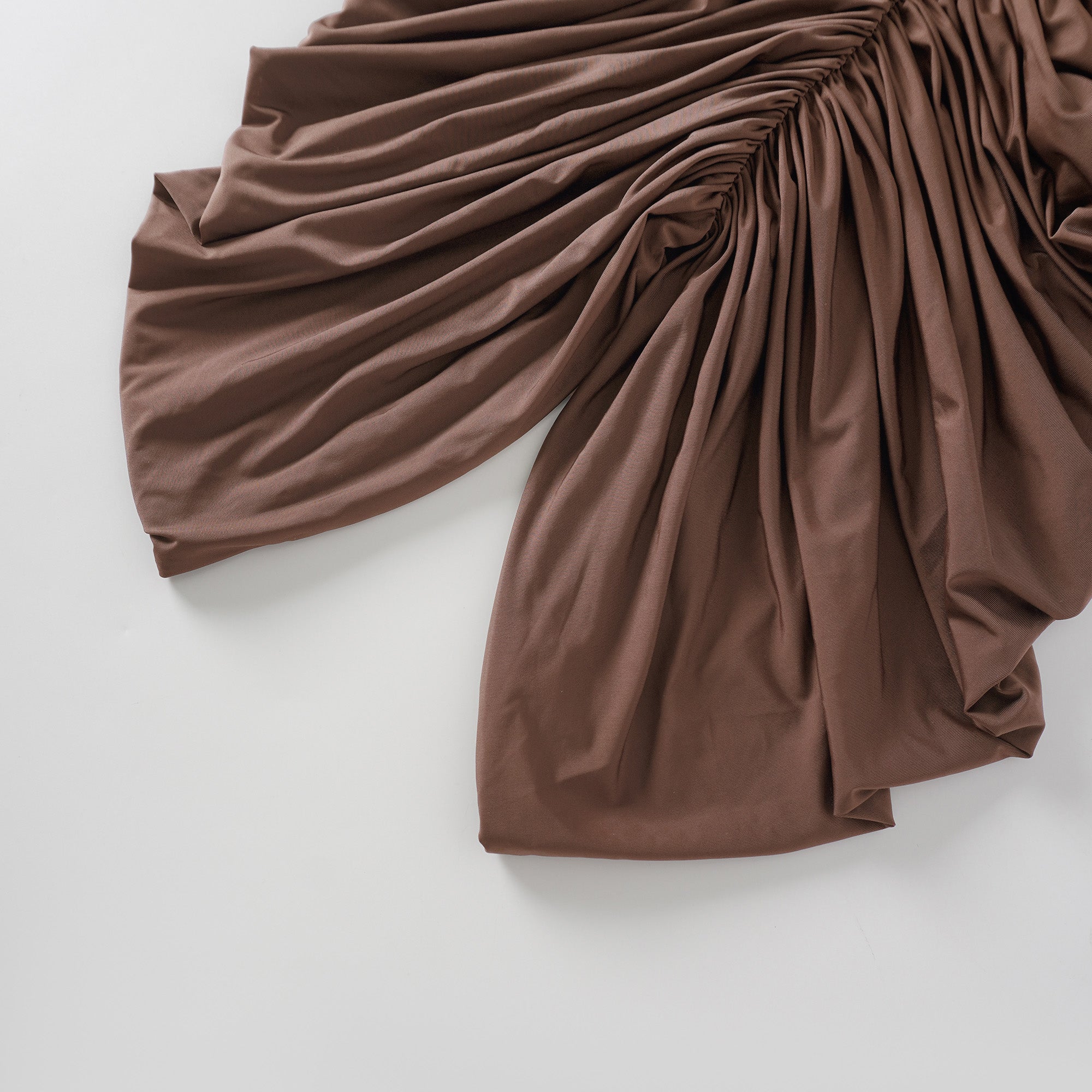 Brown turtleneck long-sleeved midi dress with a ruched skirt