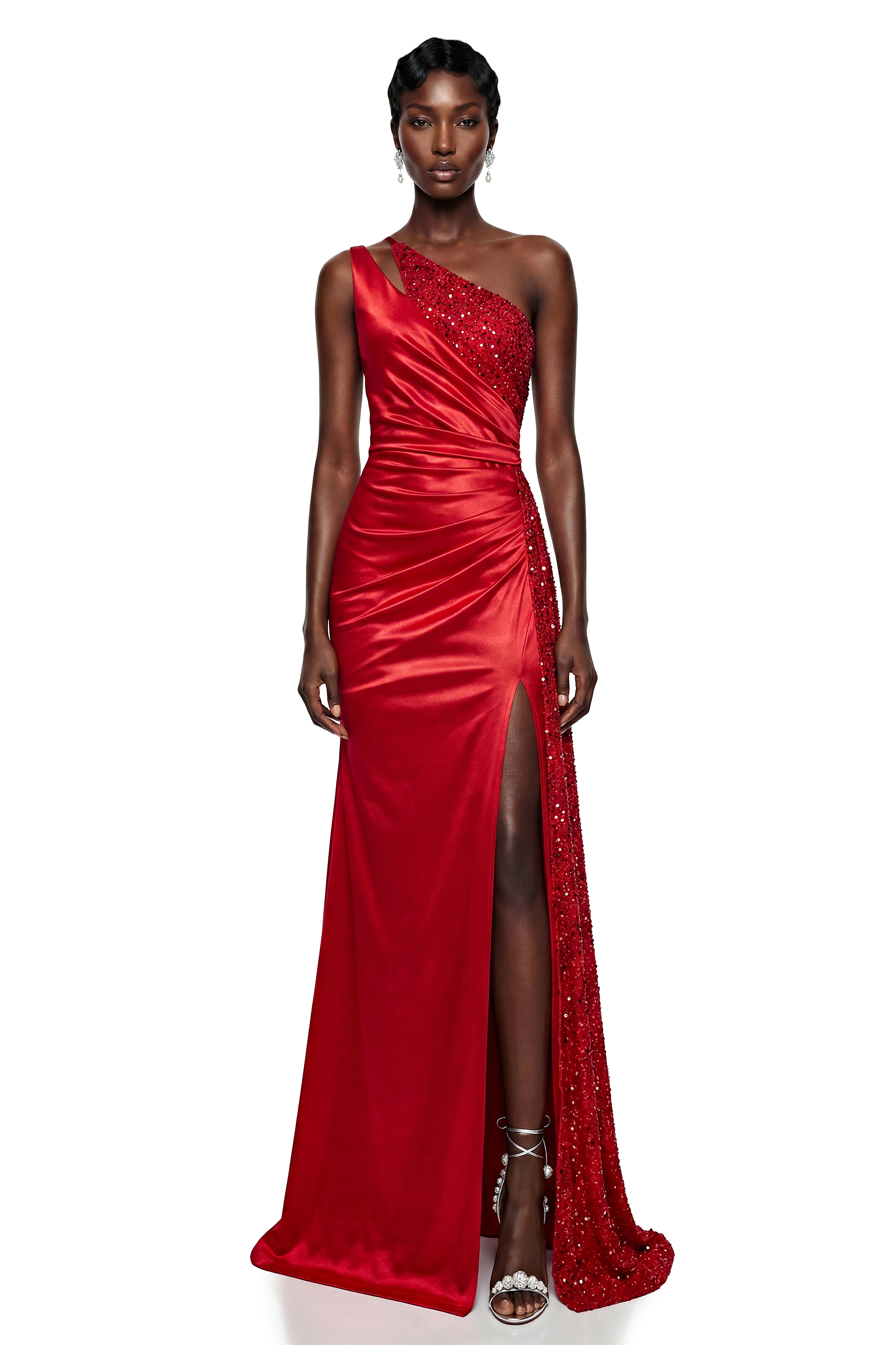 Robe longue asymétrique à paillettes rouges Charlotte