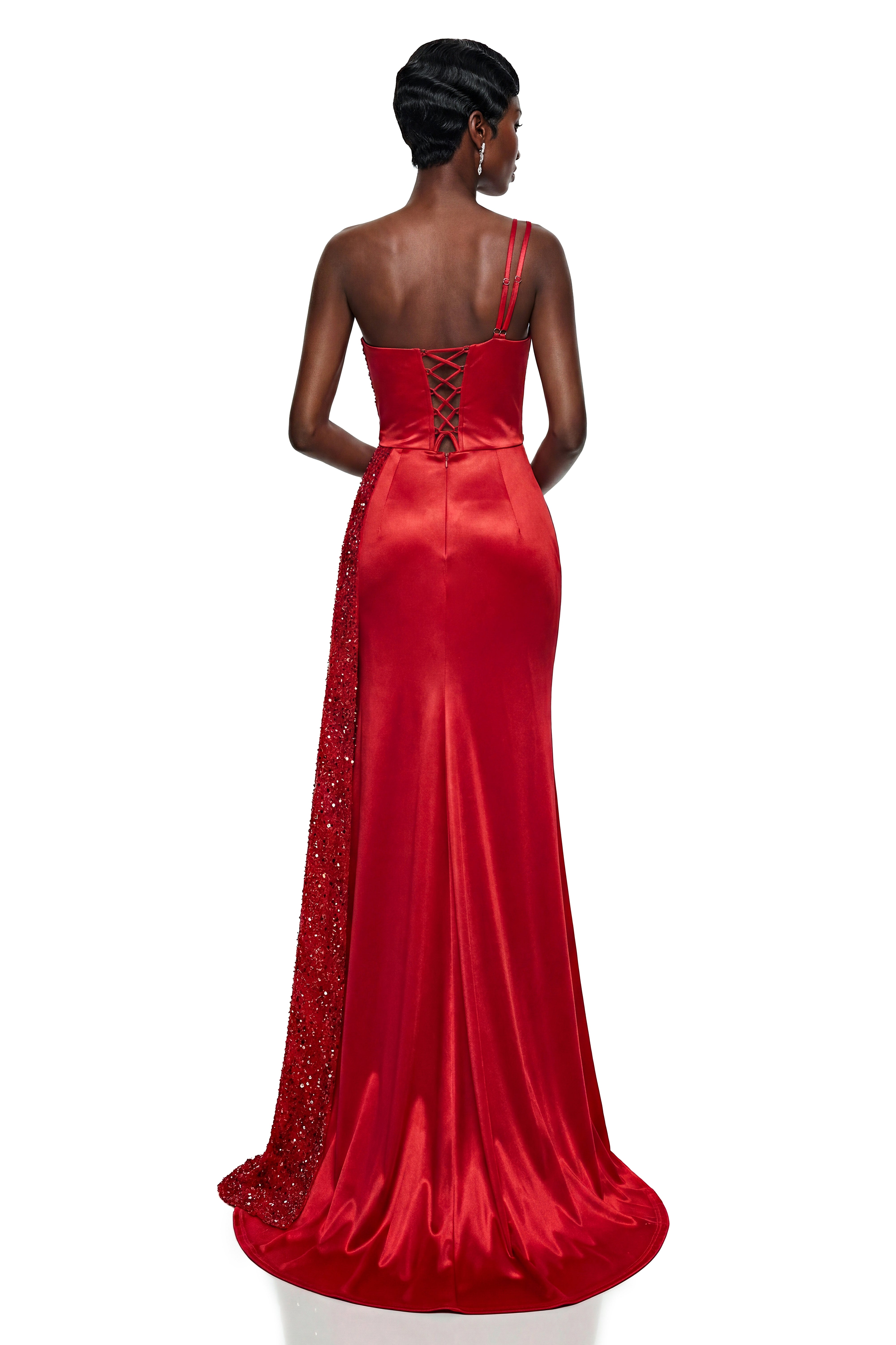 Robe longue asymétrique à paillettes rouges Charlotte