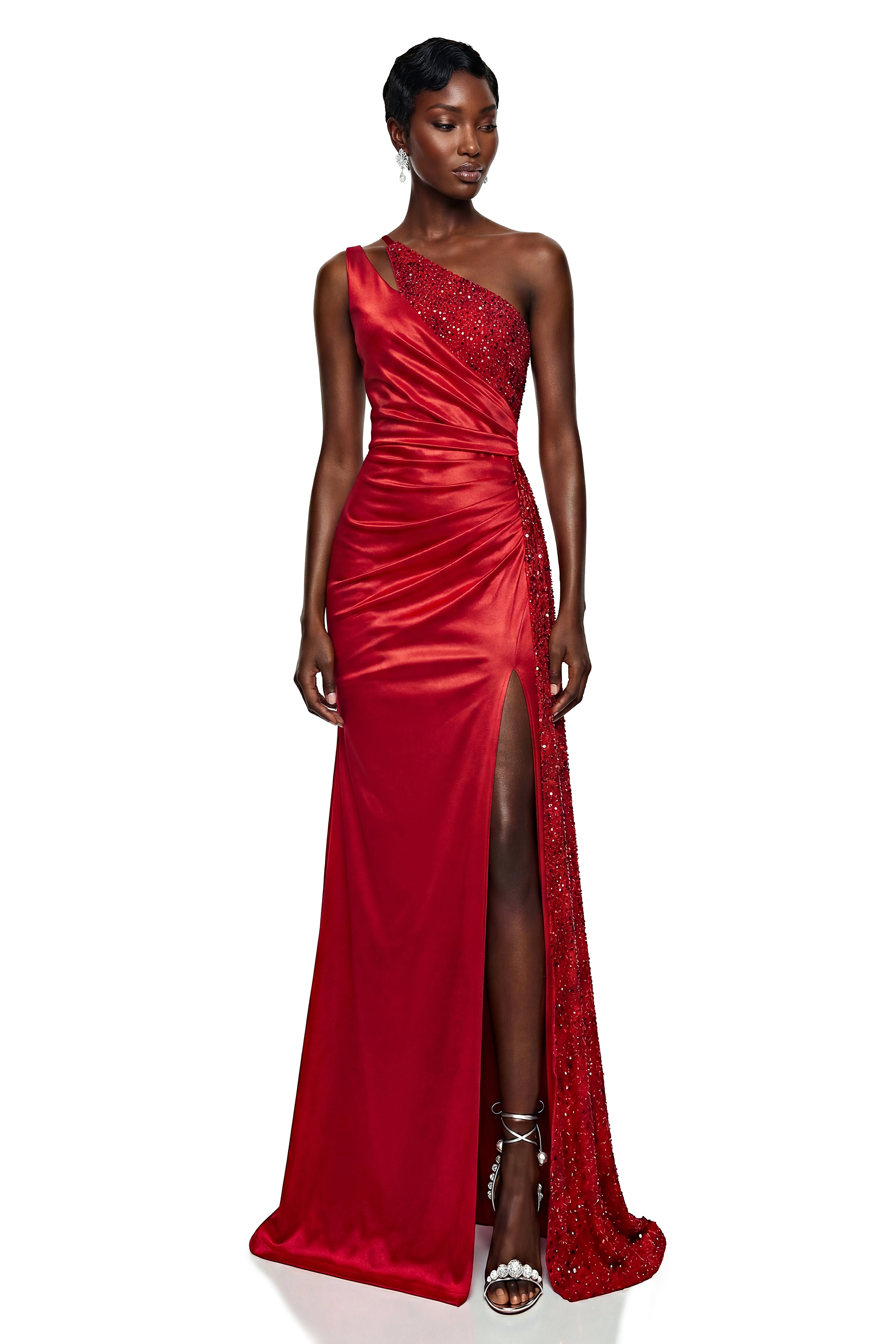 Robe longue asymétrique à paillettes rouges Charlotte