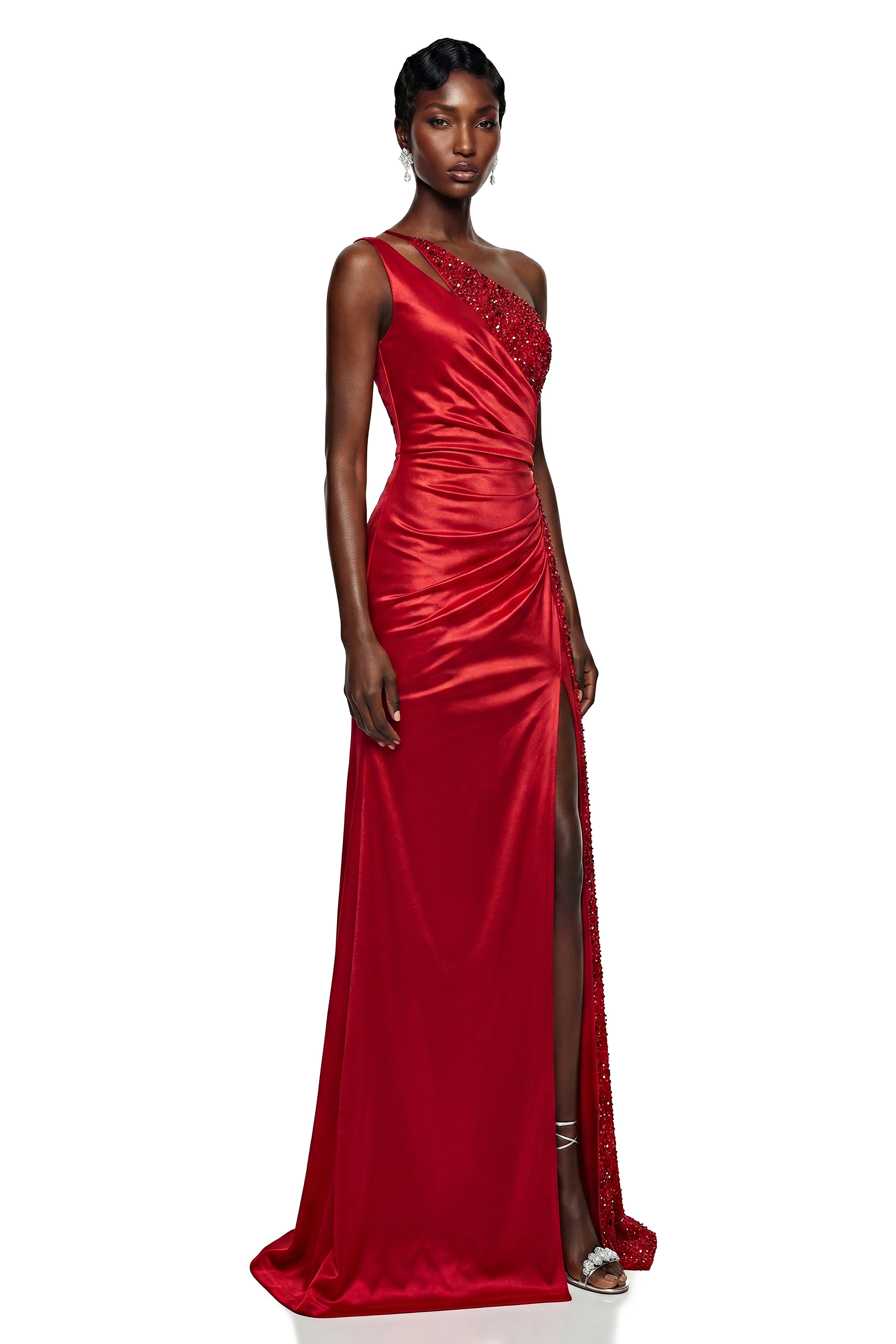 Robe longue asymétrique à paillettes rouges Charlotte
