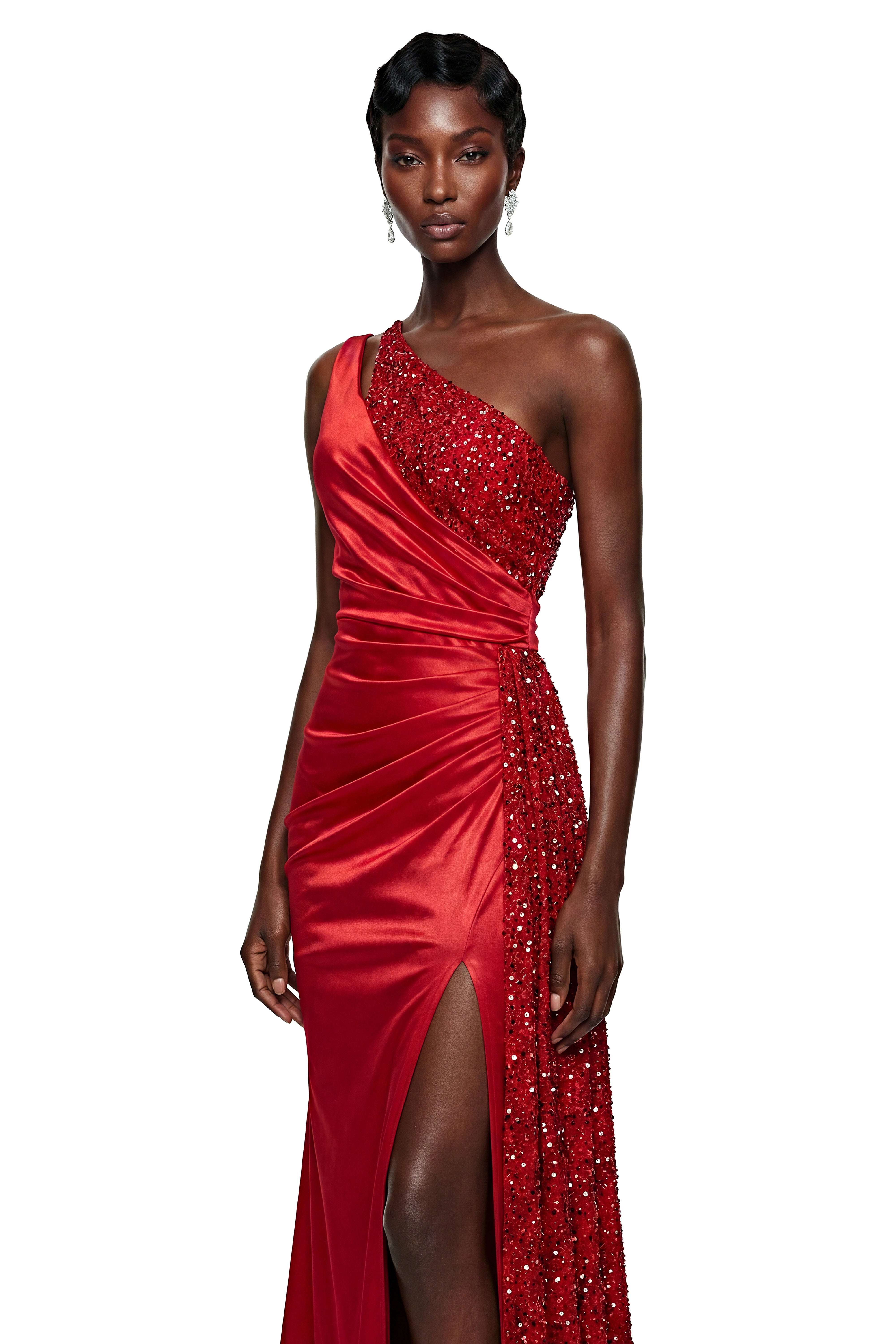 Robe longue asymétrique à paillettes rouges Charlotte