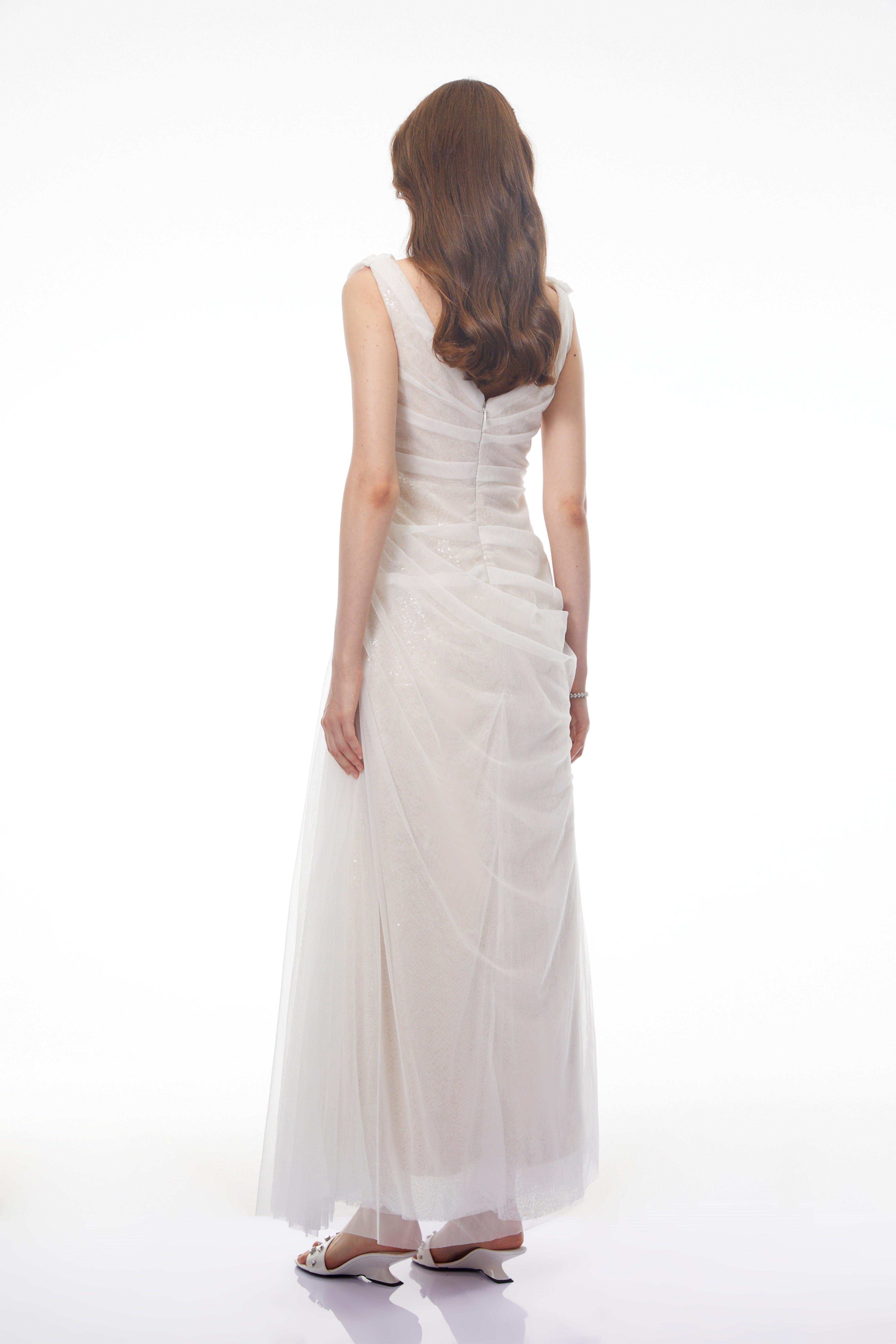 Maria White Off Shoulder Ruched Fishtail Maxi Dress
