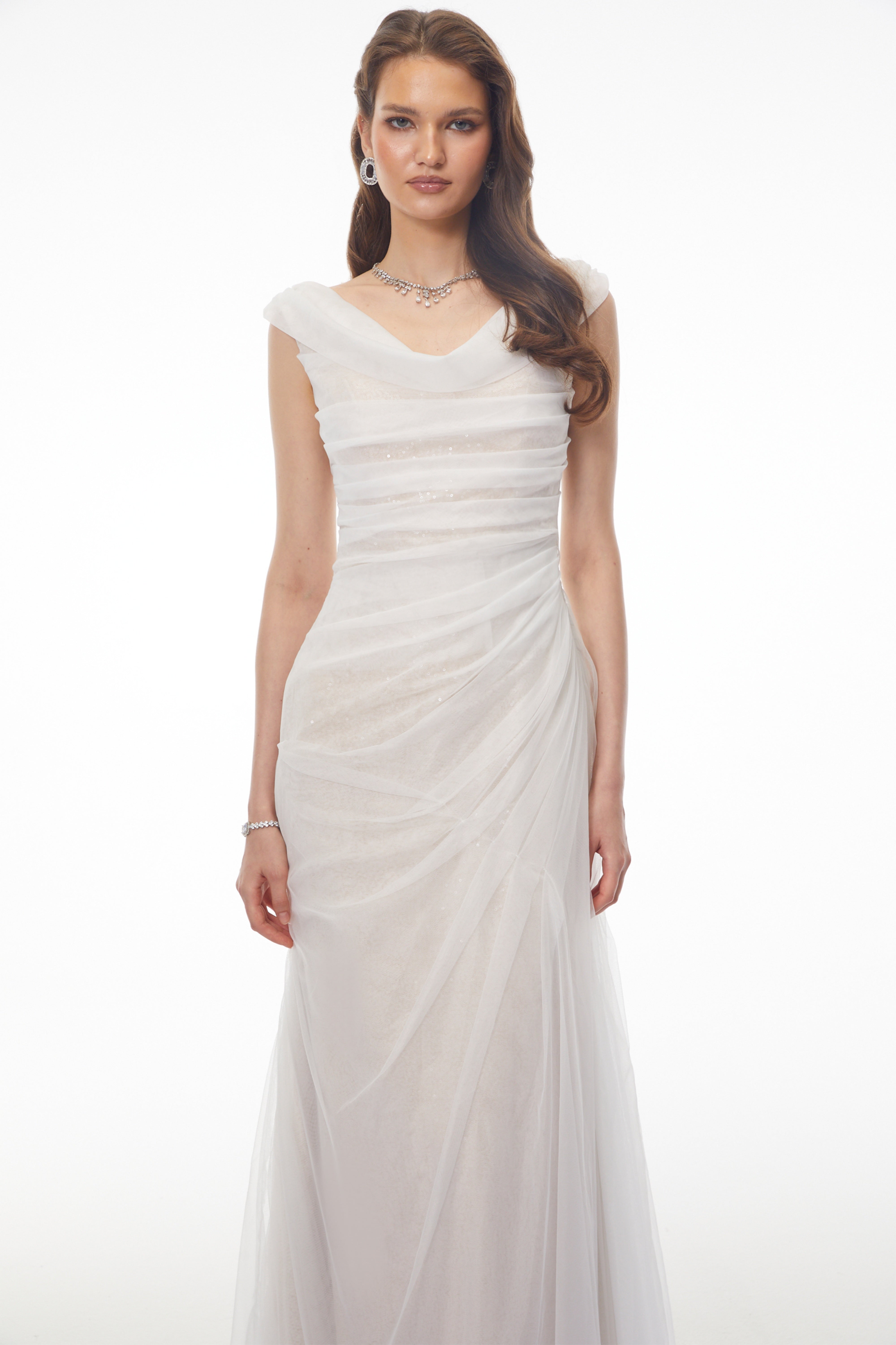 Maria White Off Shoulder Ruched Fishtail Maxi Dress