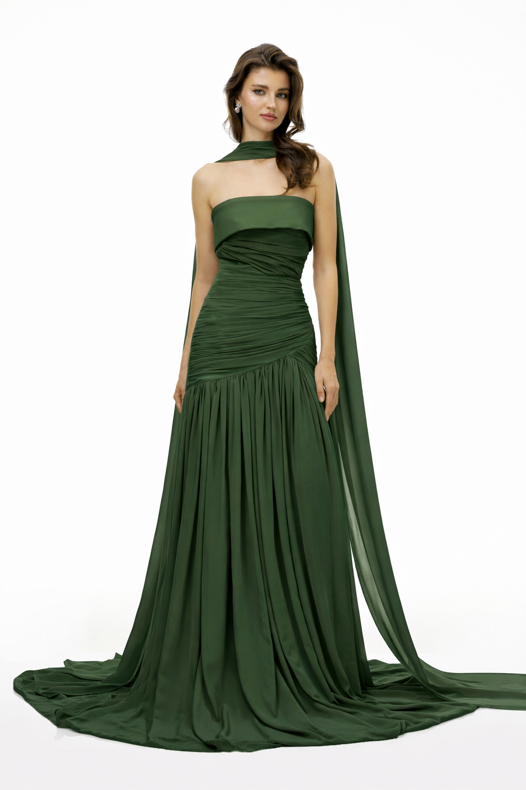 Laetitia Green Pleated Train Ruched Maxi Dress