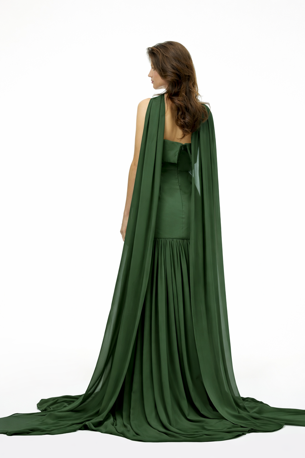 Laetitia Green Pleated Train Ruched Maxi Dress