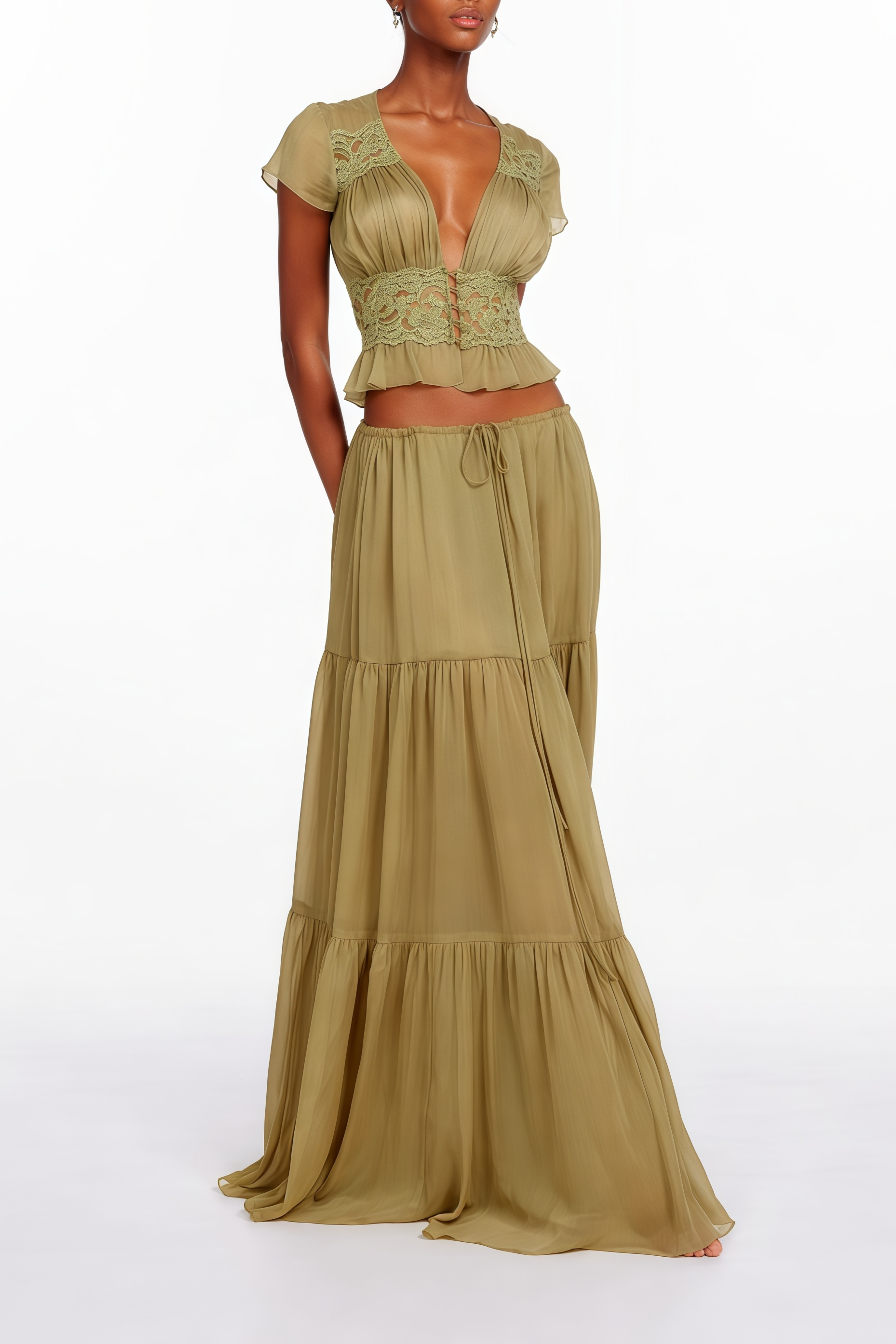 Pleiade Green Floral Lace Chiffon Top & Skirt Set