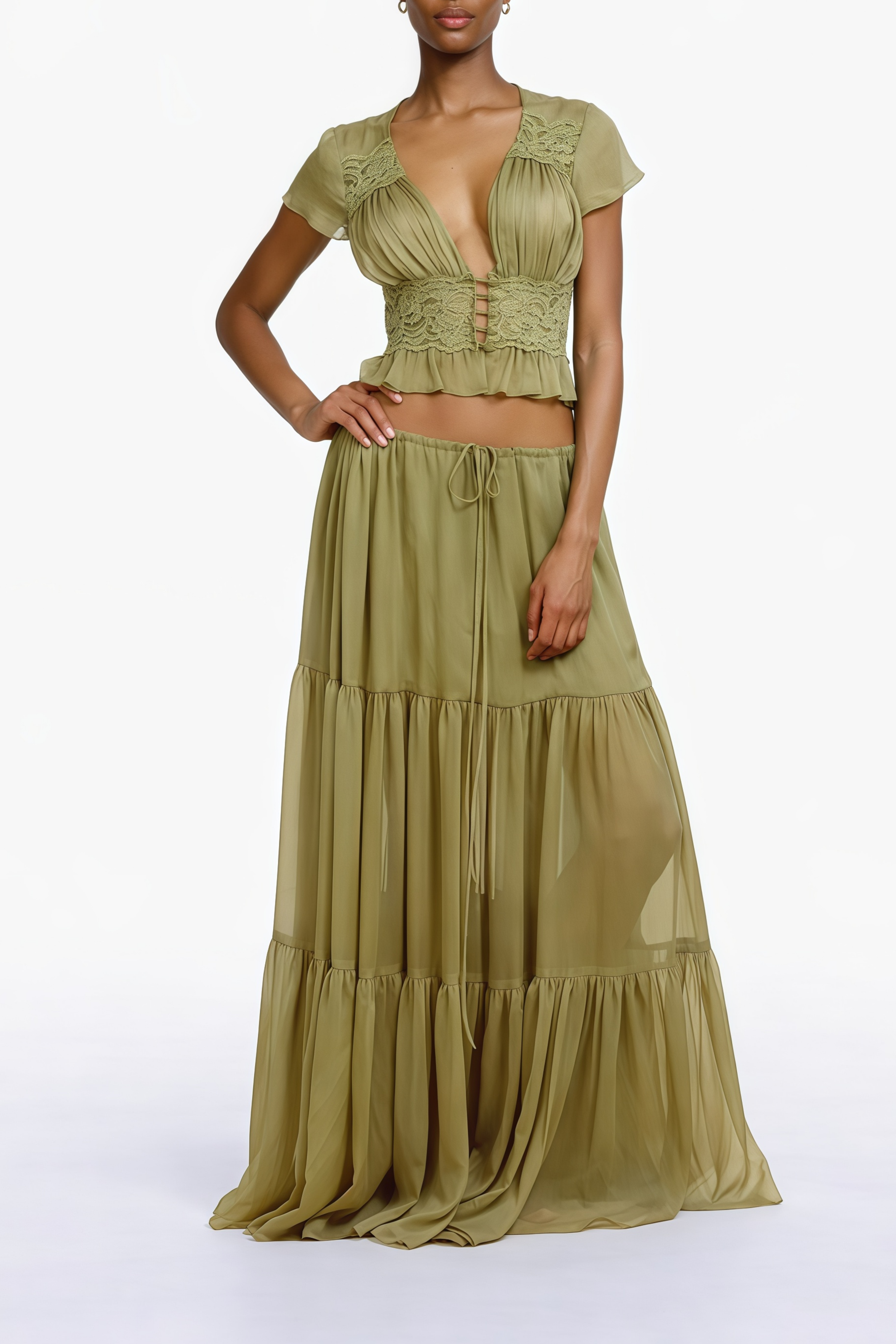 Pleiade Green Floral Lace Chiffon Top & Skirt Set