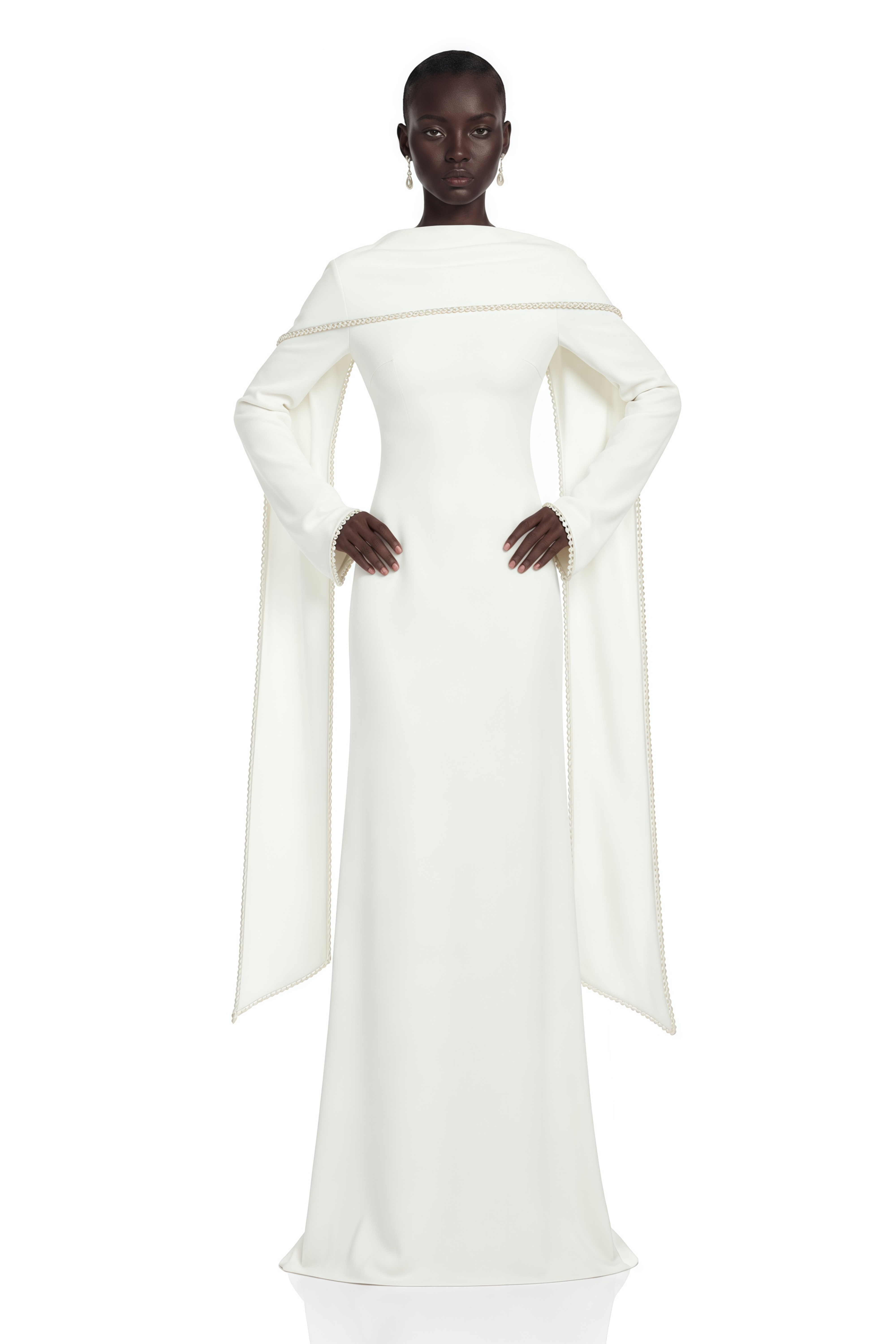 Piroska White Pearl Trim Shawl Detail Maxi Dress