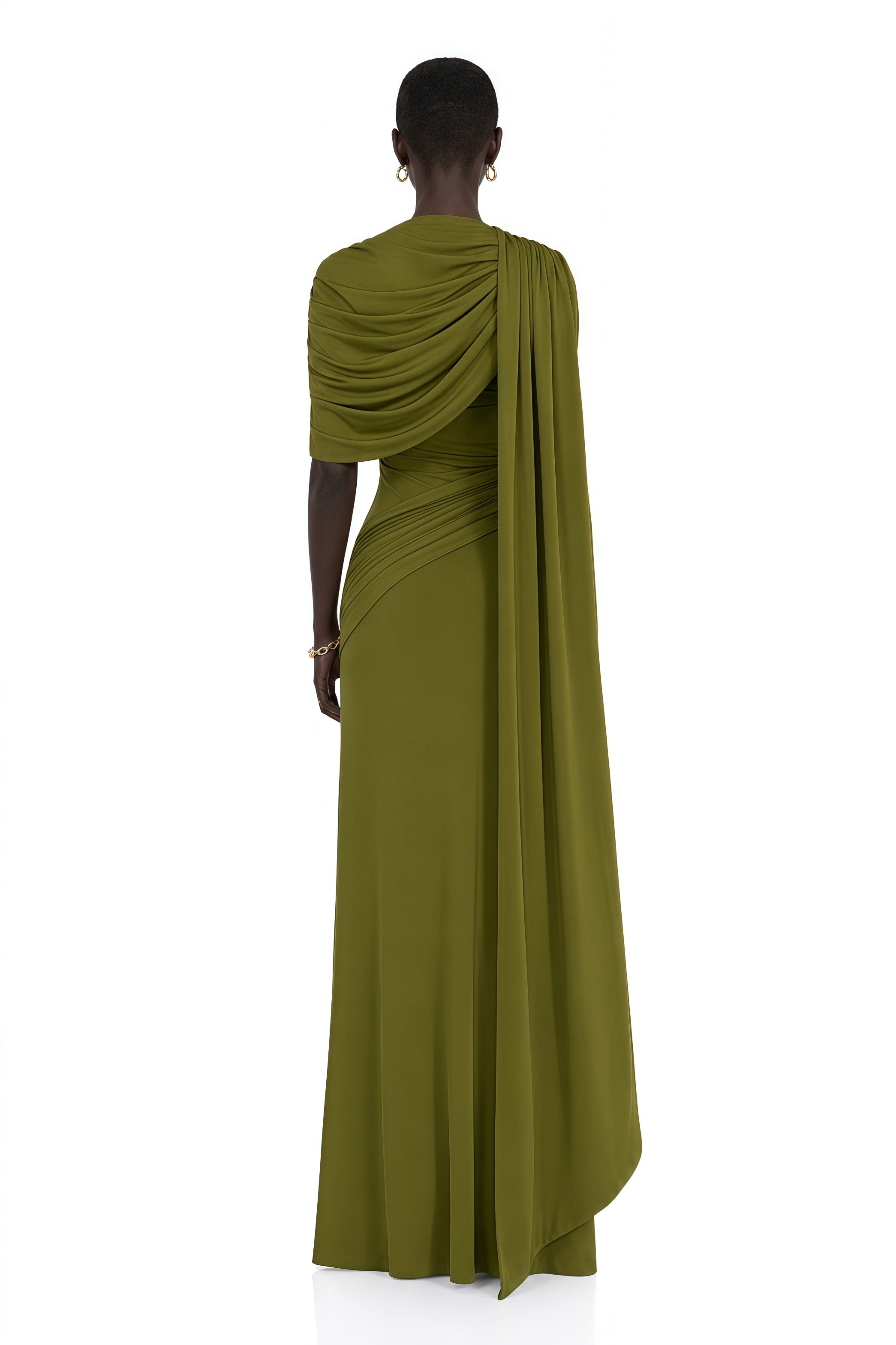 Olive green long-sleeve maxi dress with draped bodice and waist detailing