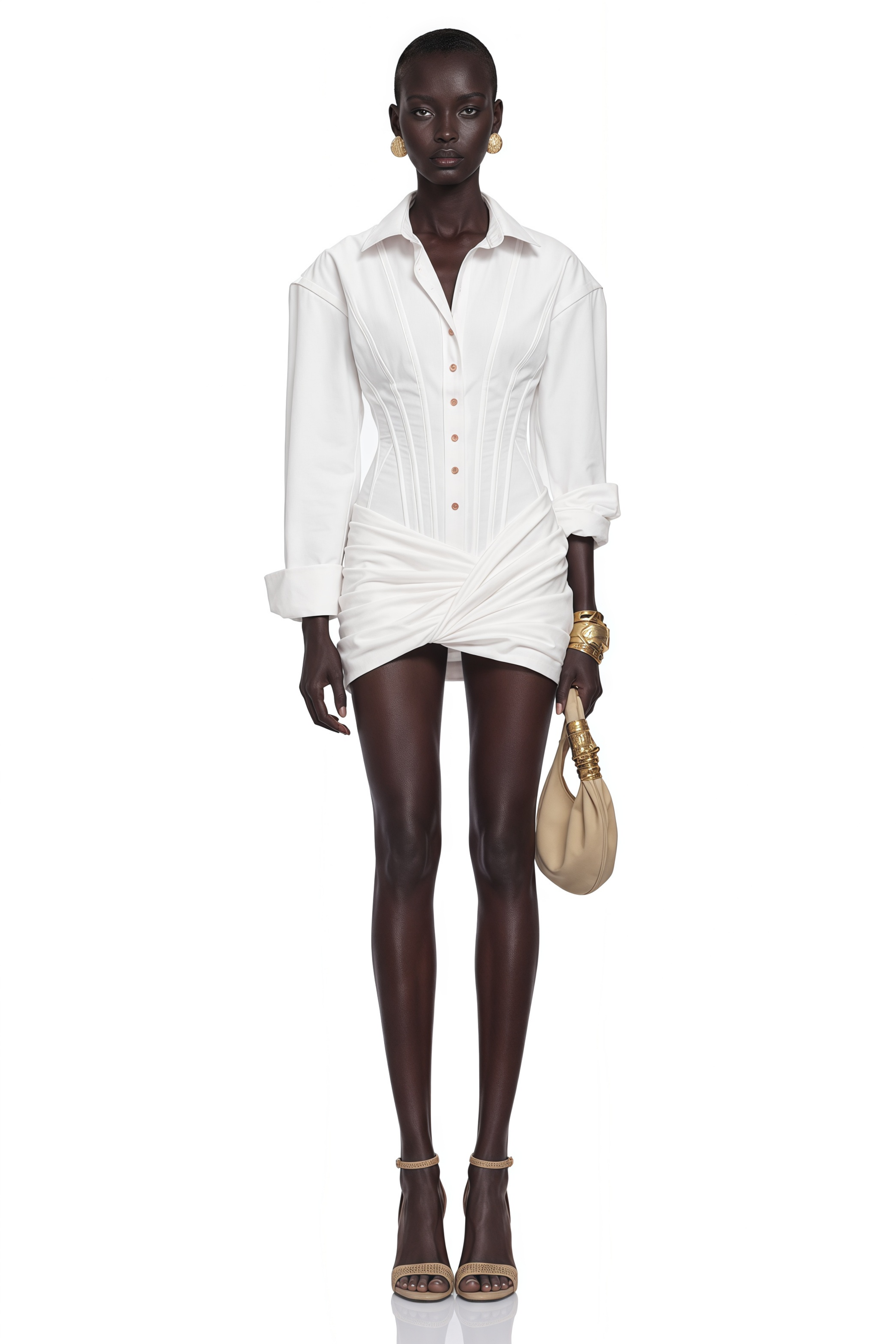 Orlane White Cinched-Waist Pleated Mini Shirt Dress
