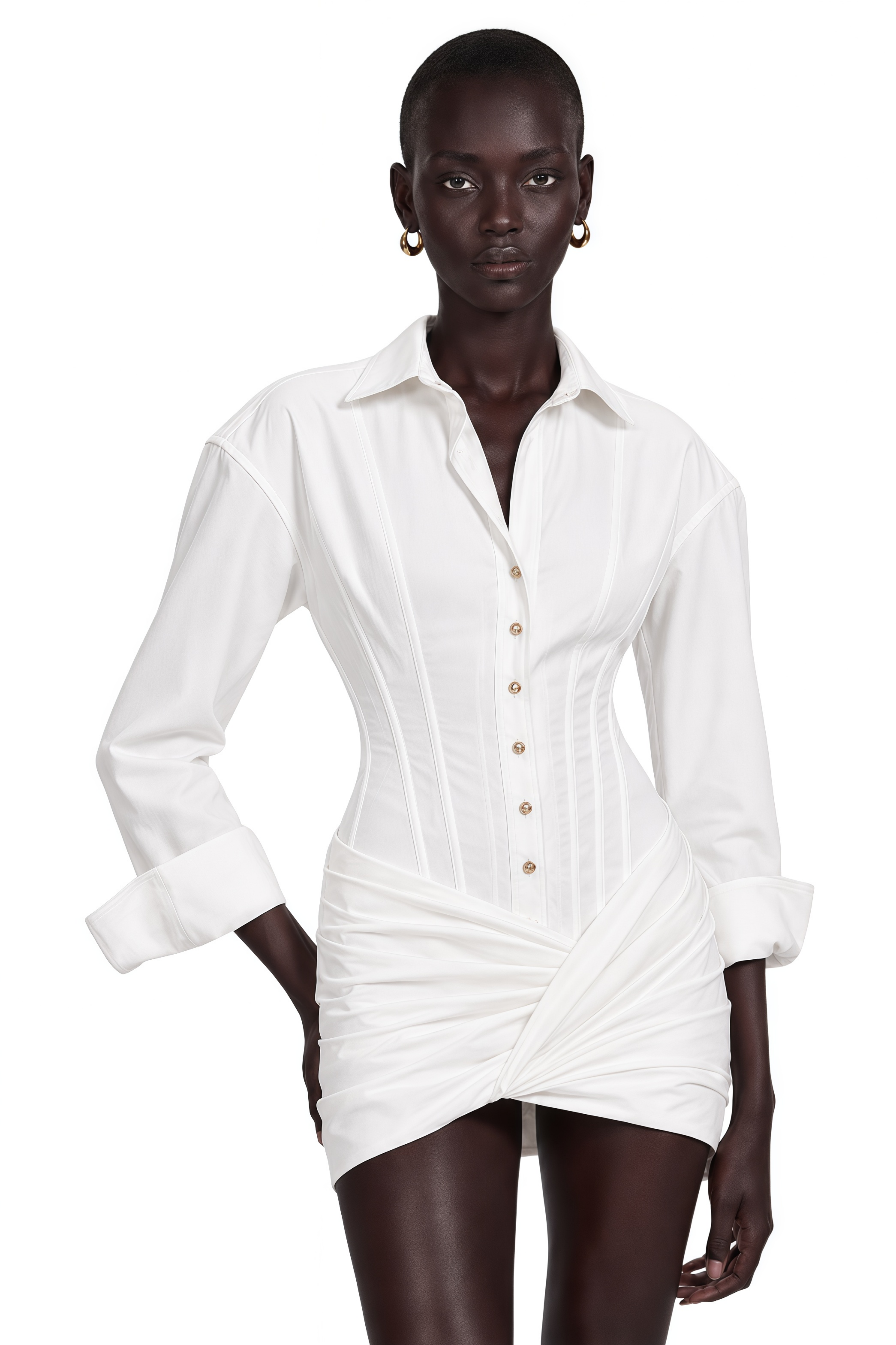 Orlane White Cinched-Waist Pleated Mini Shirt Dress