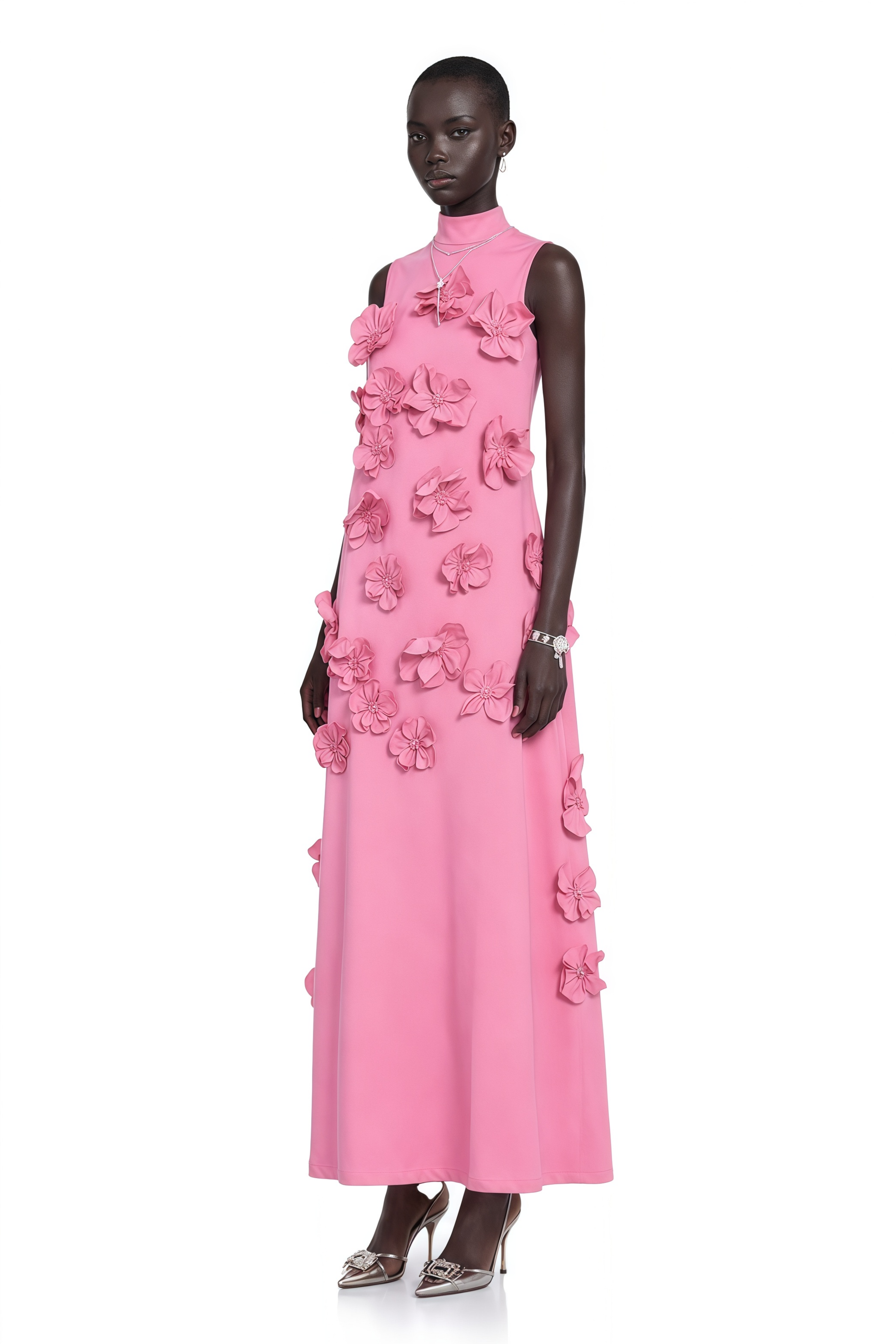 Magali Pink Sleeveless Maxi Dress with Faux Flower & Bow-Tie Embellishment
