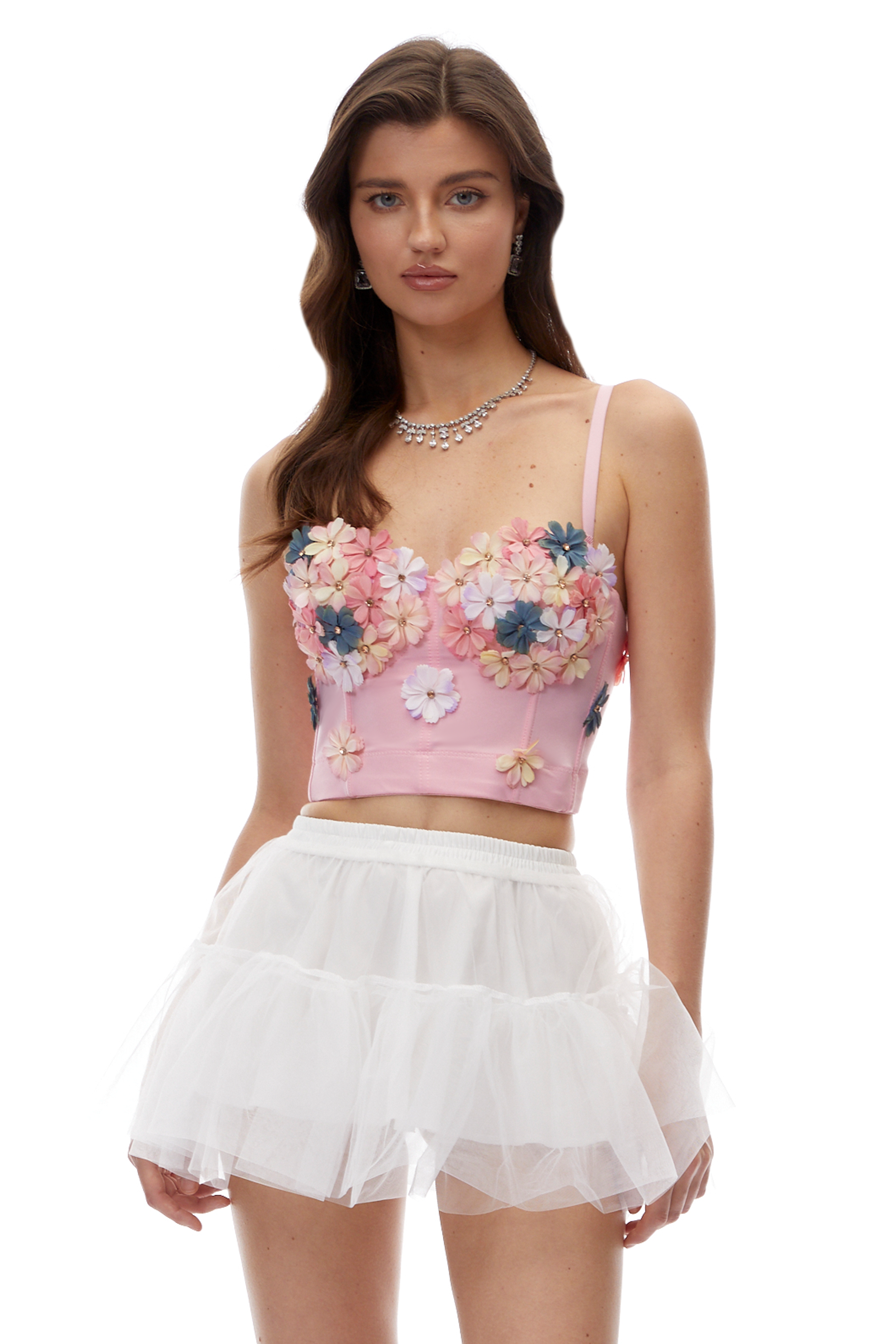 Chelsea Pink Rhinestone Bustier Top with 3D Florals