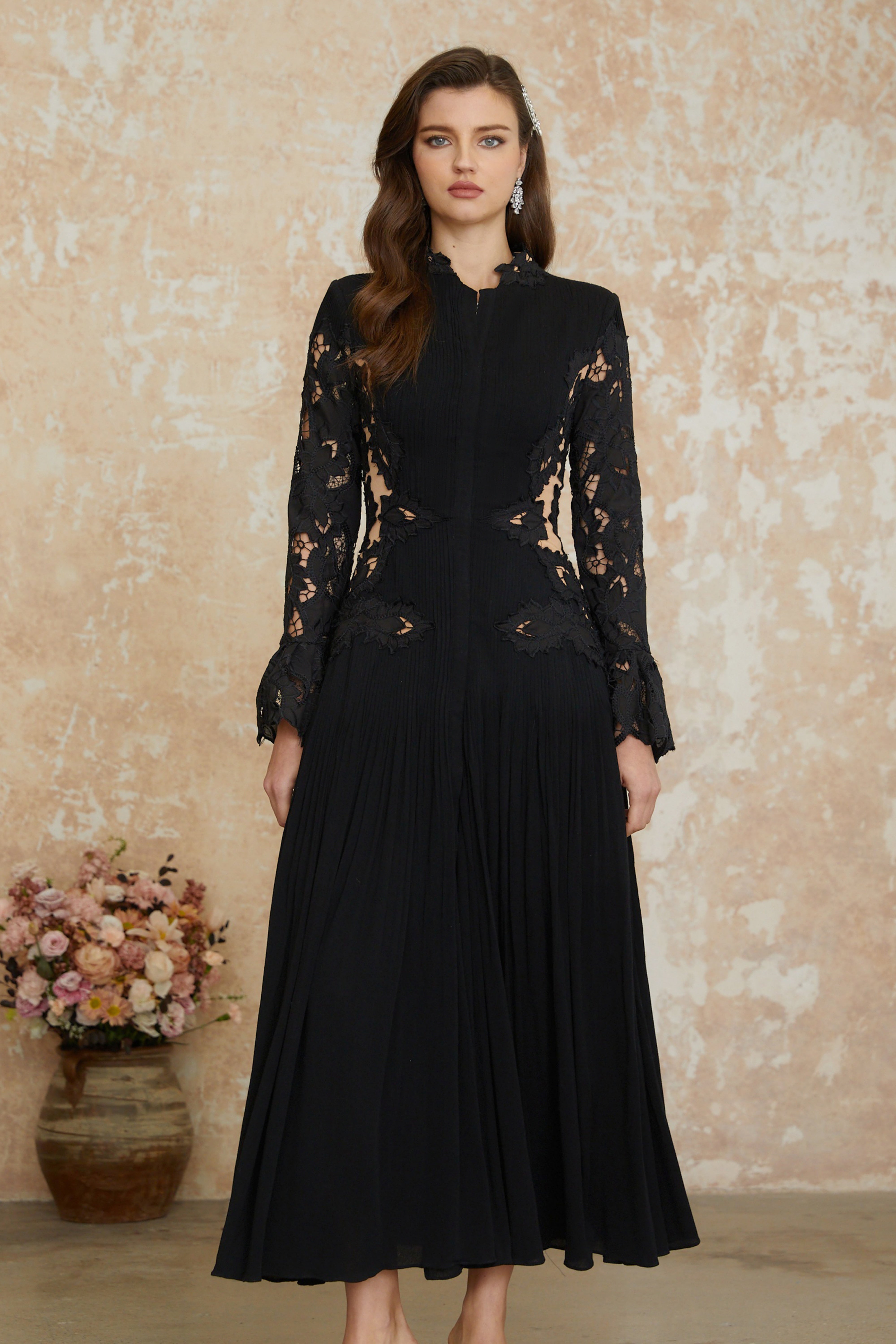 Chiara Black Lace Panel Pleated Midi Dress