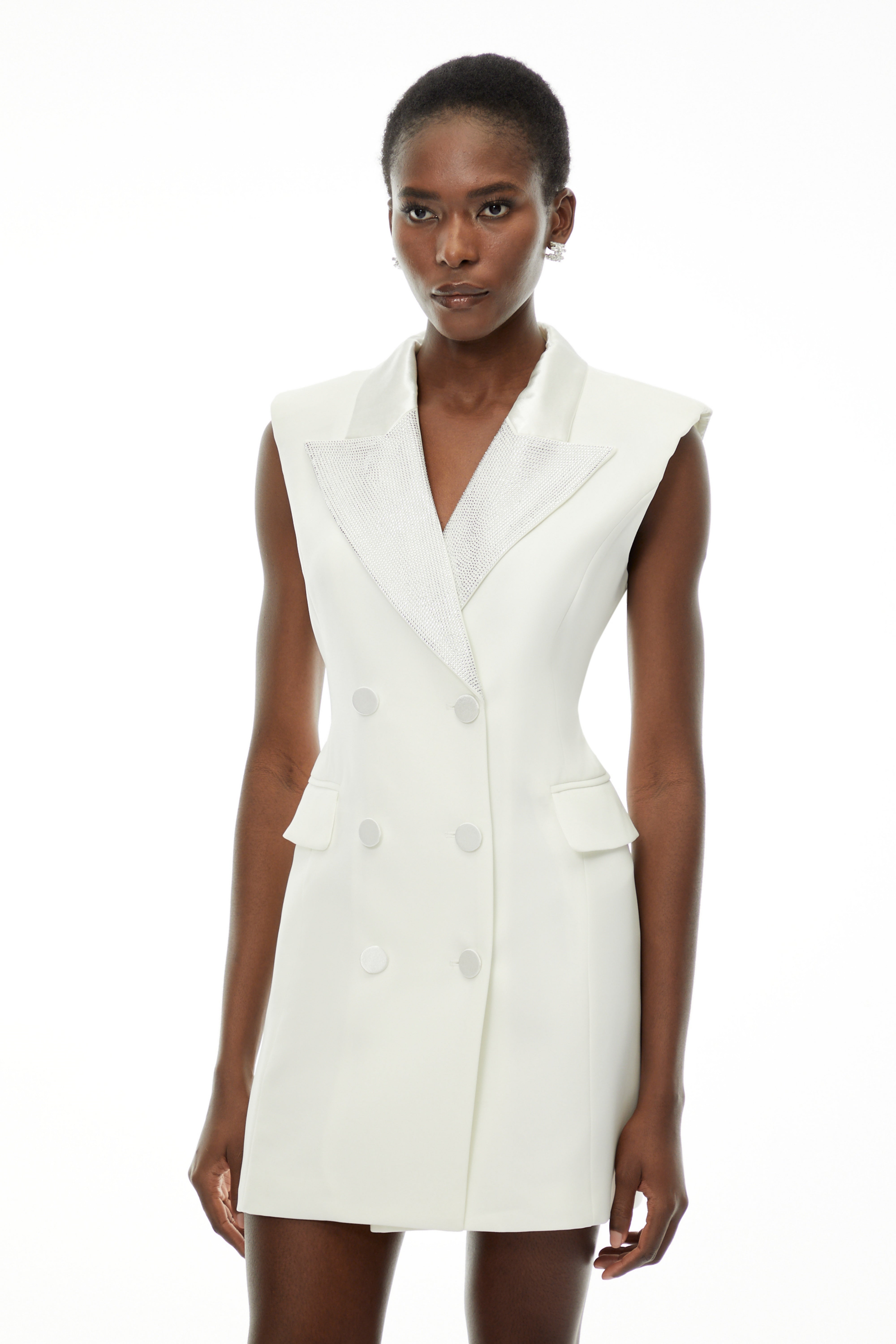 Chiara White Sequin Blazer Dress with Lapel Collar