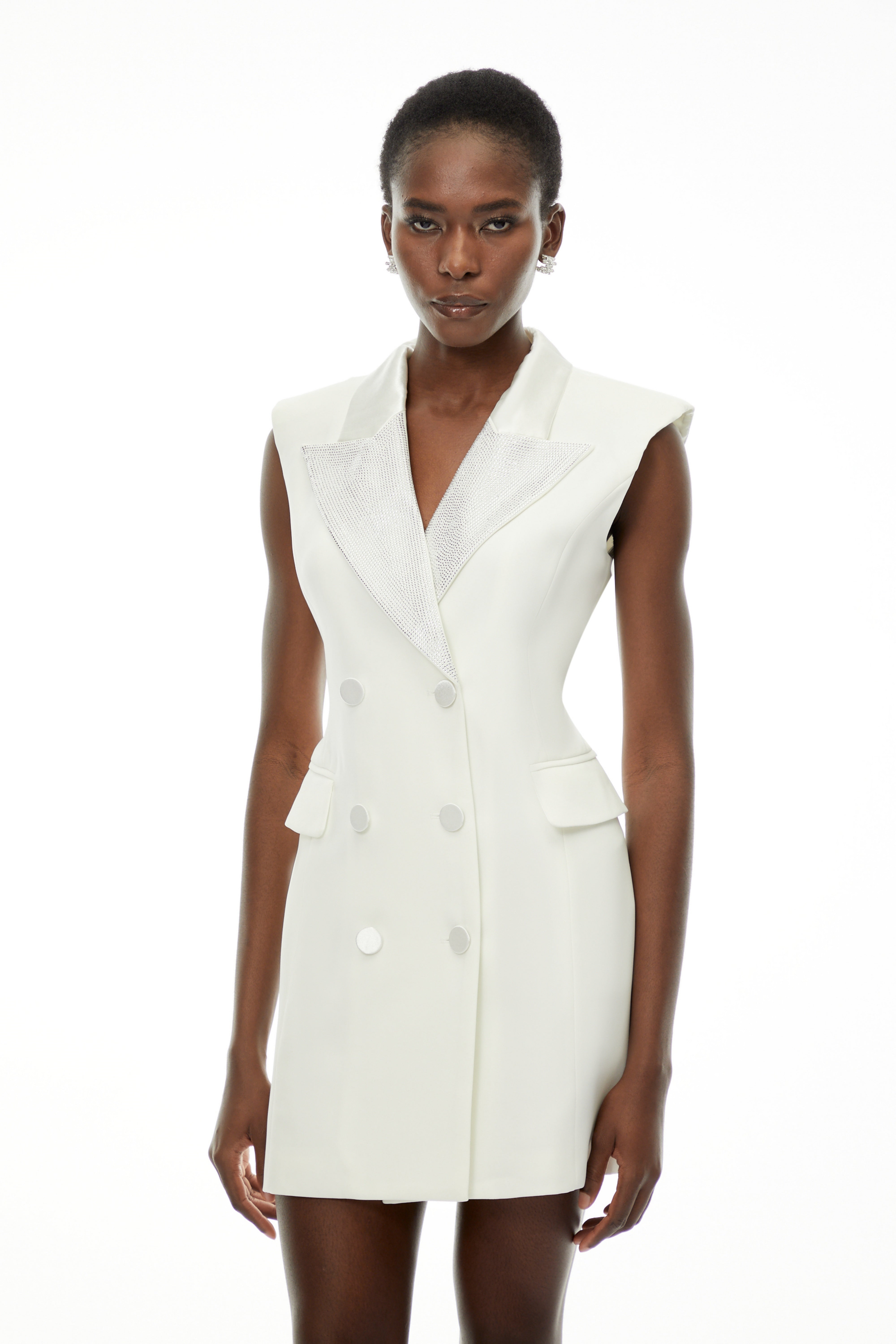 Chiara White Sequin Blazer Dress with Lapel Collar