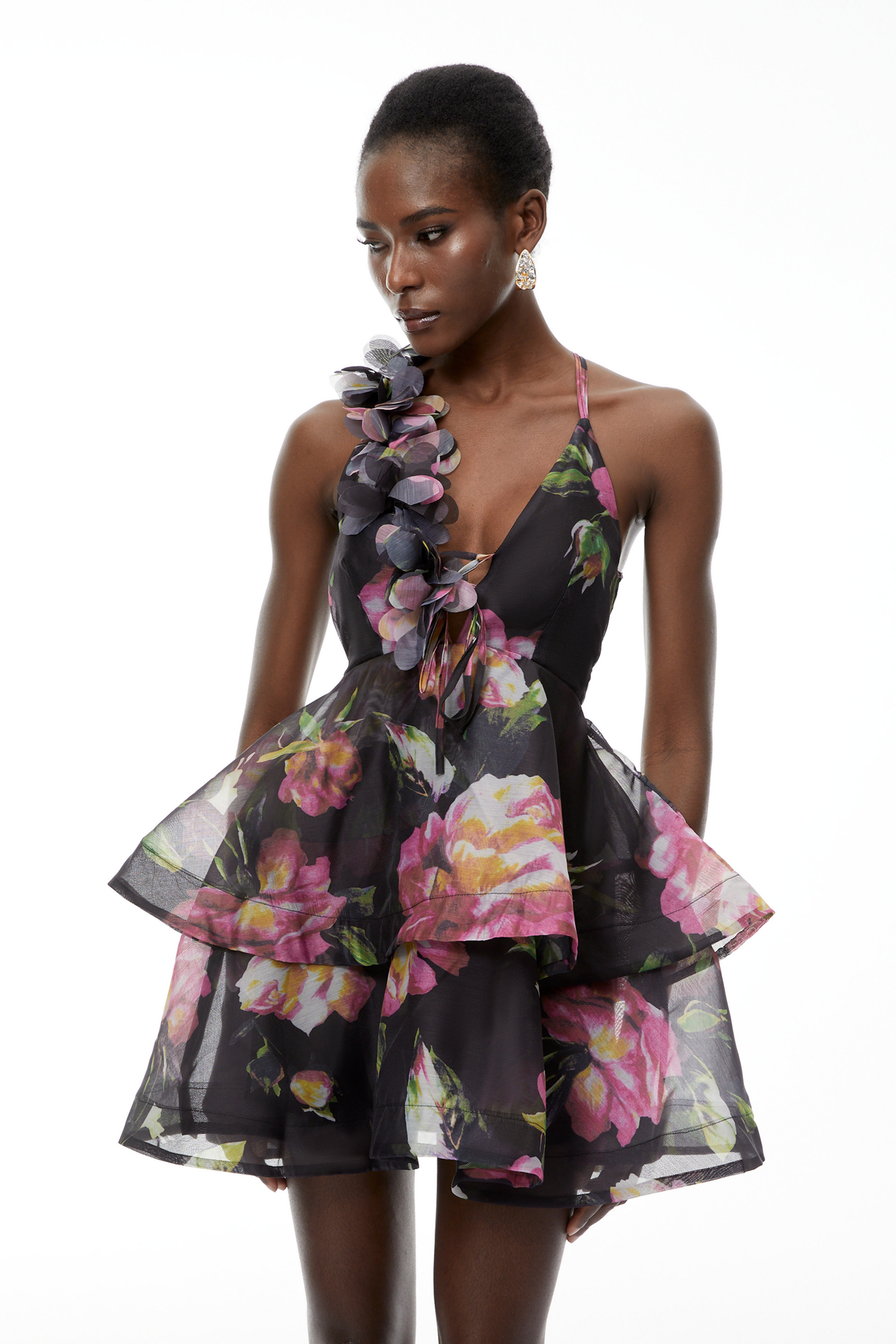 Chione Black Floral Applique Backless Mini Dress