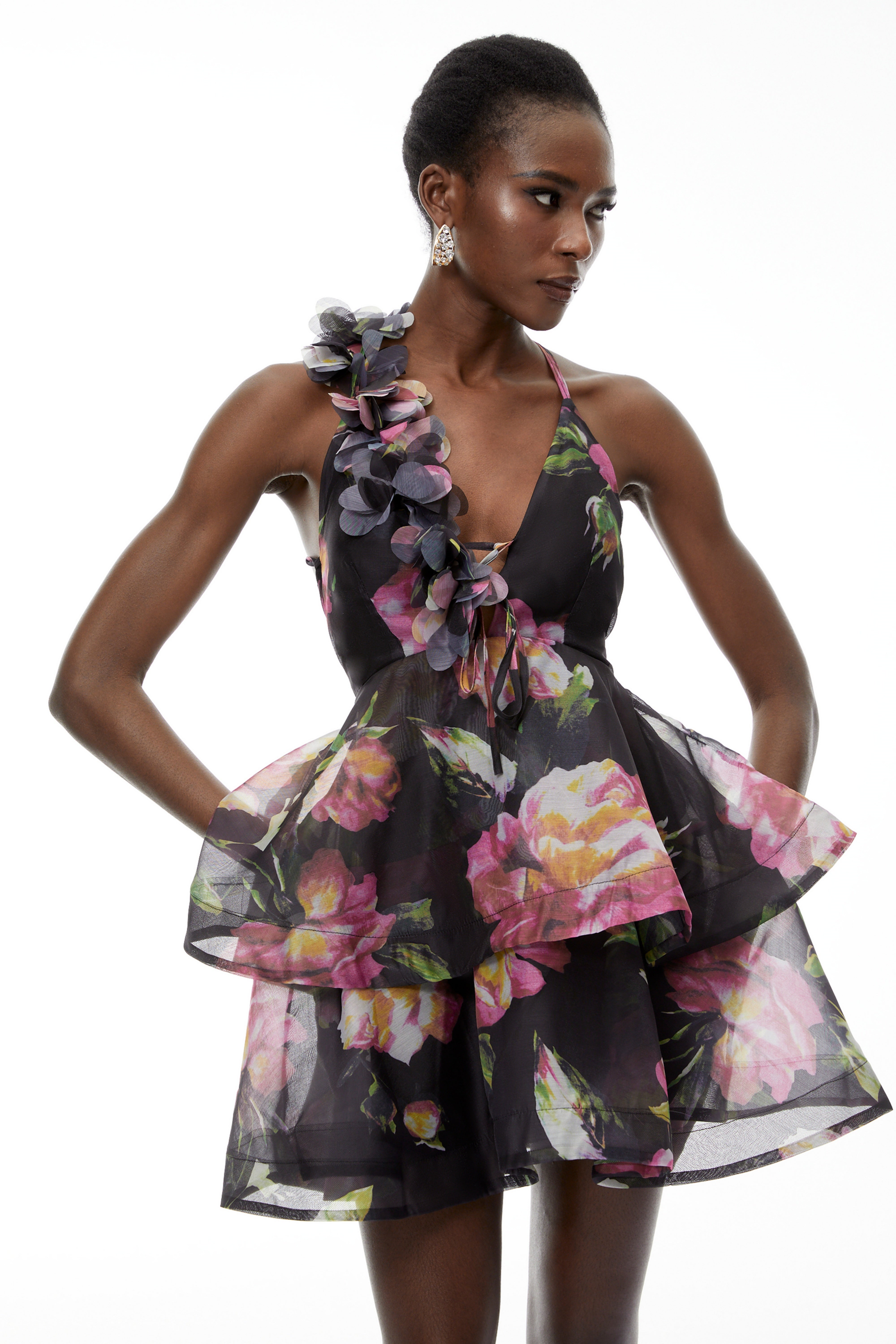 Chione Black Floral Applique Backless Mini Dress