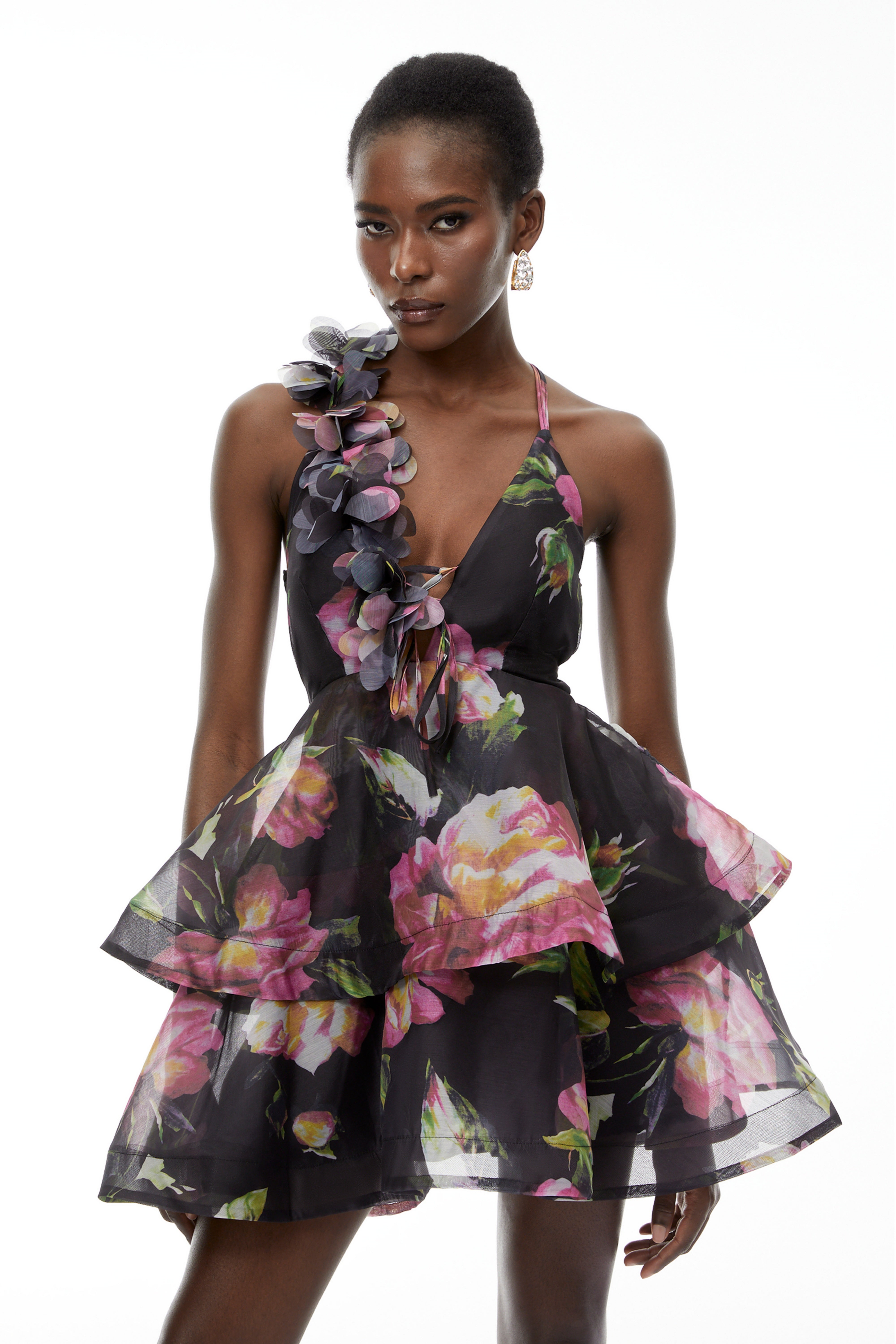 Chione Black Floral Applique Backless Mini Dress