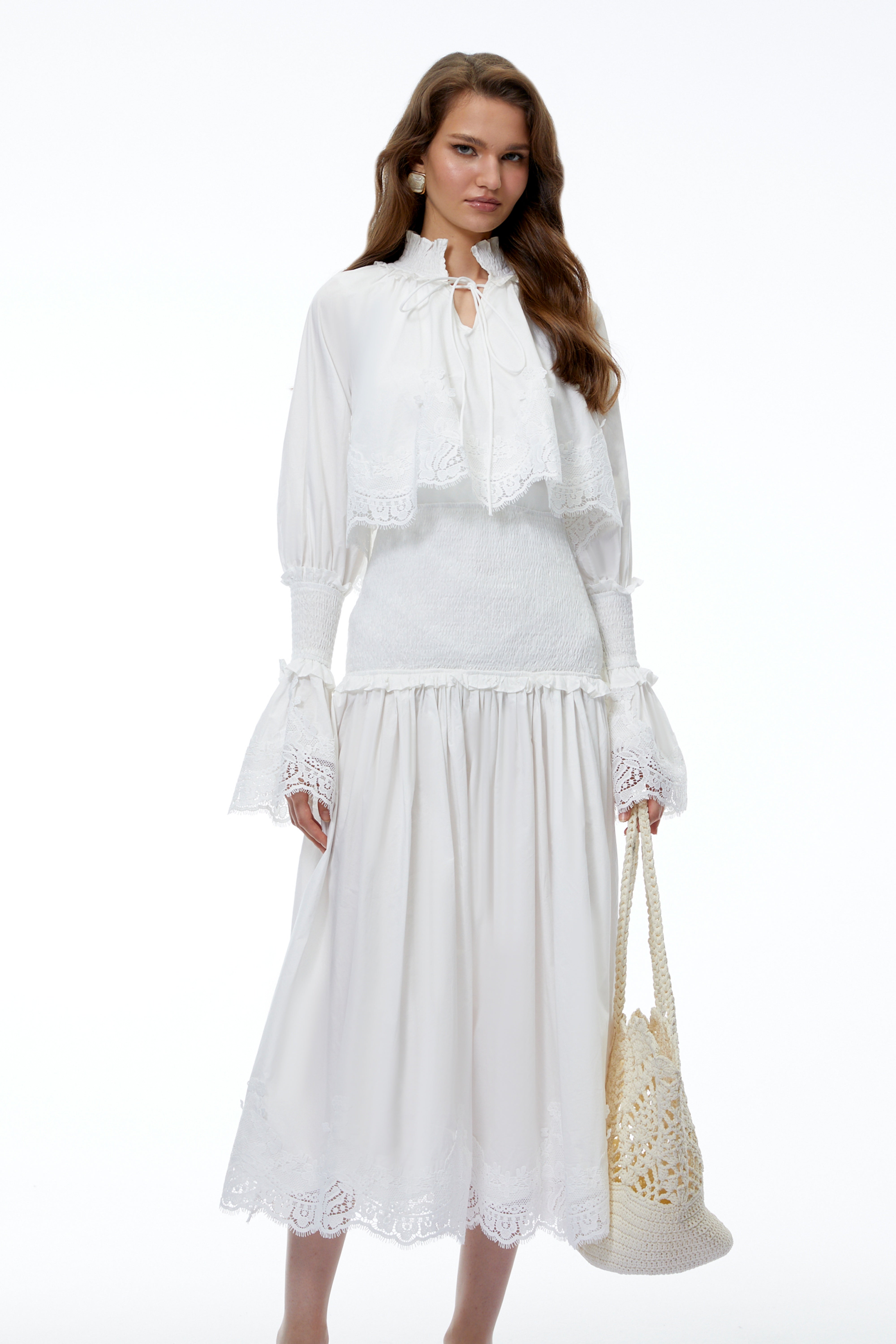 Chloé White Ruched Midi Dress with Lace Panels and Cape