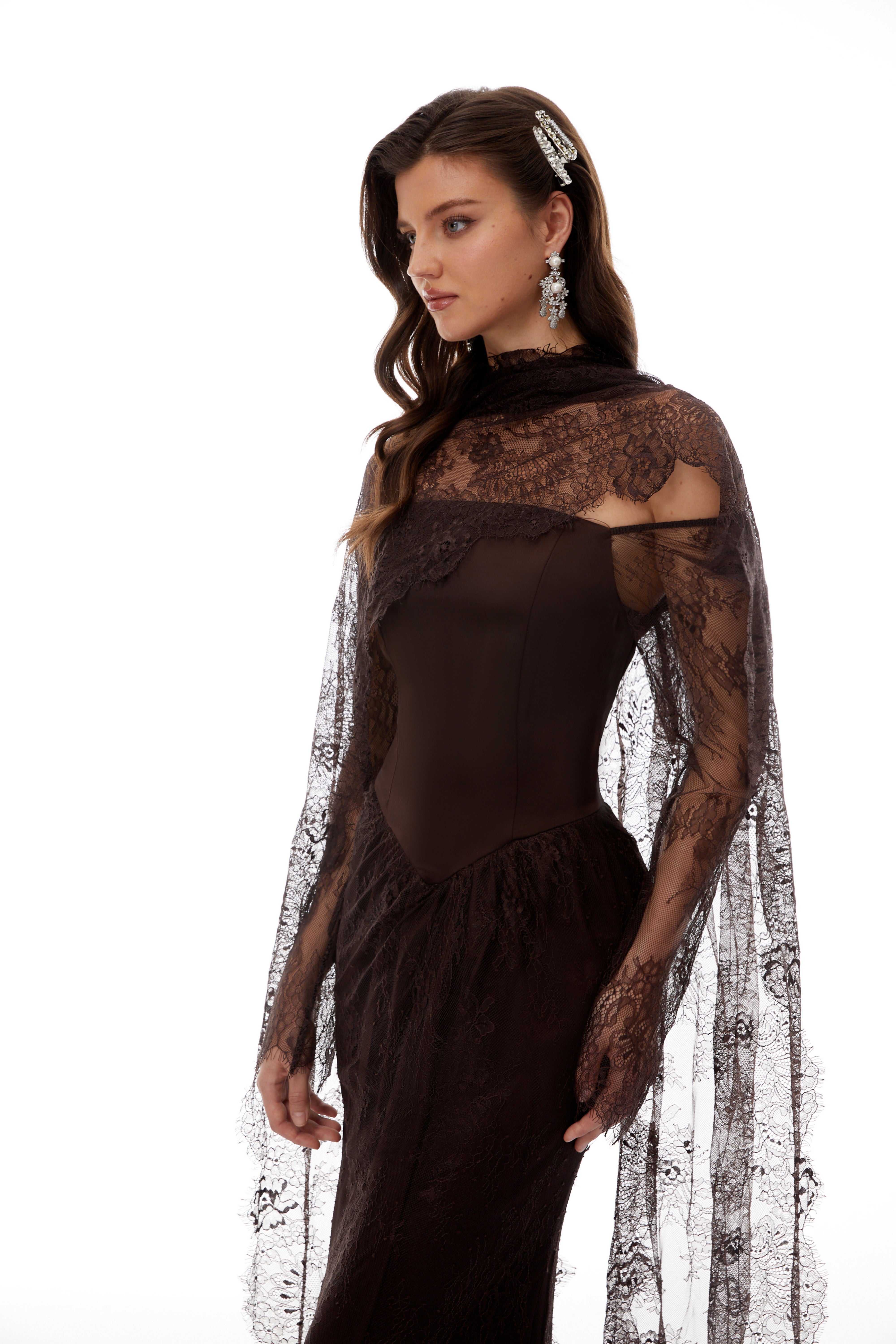 Christa Brown Floral Lace Maxi Dress with Cape