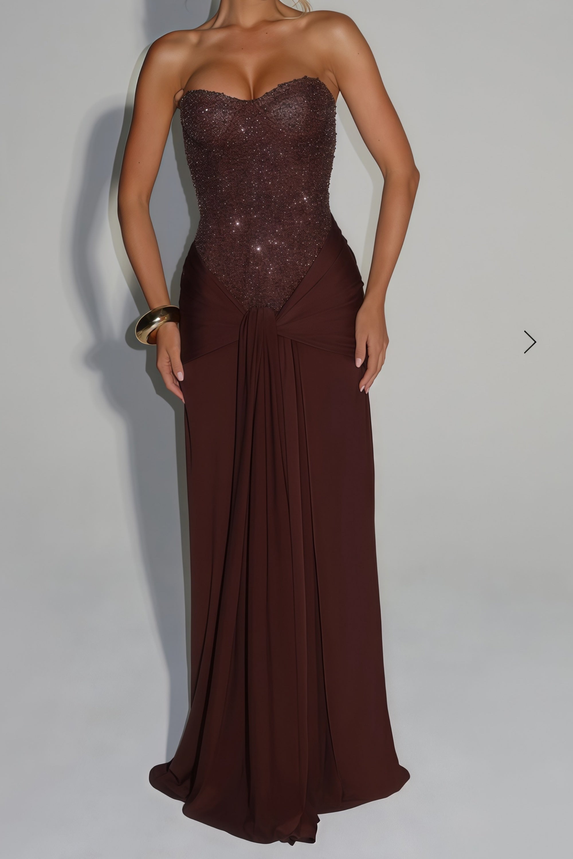 Christine Brown Off Shoulder Draped Maxi Dress