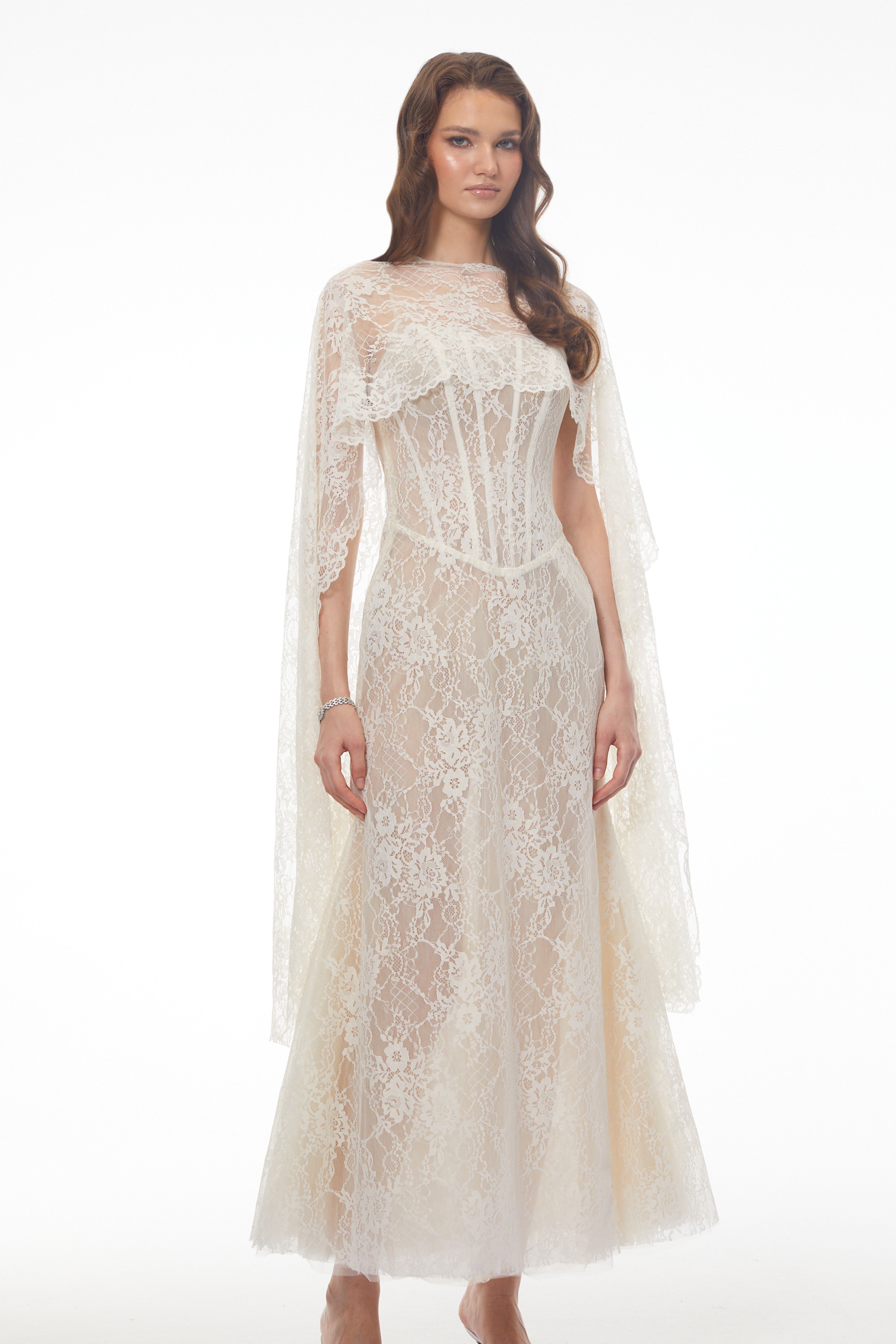 Cinzia Beige Sweetheart Lace Maxi Dress