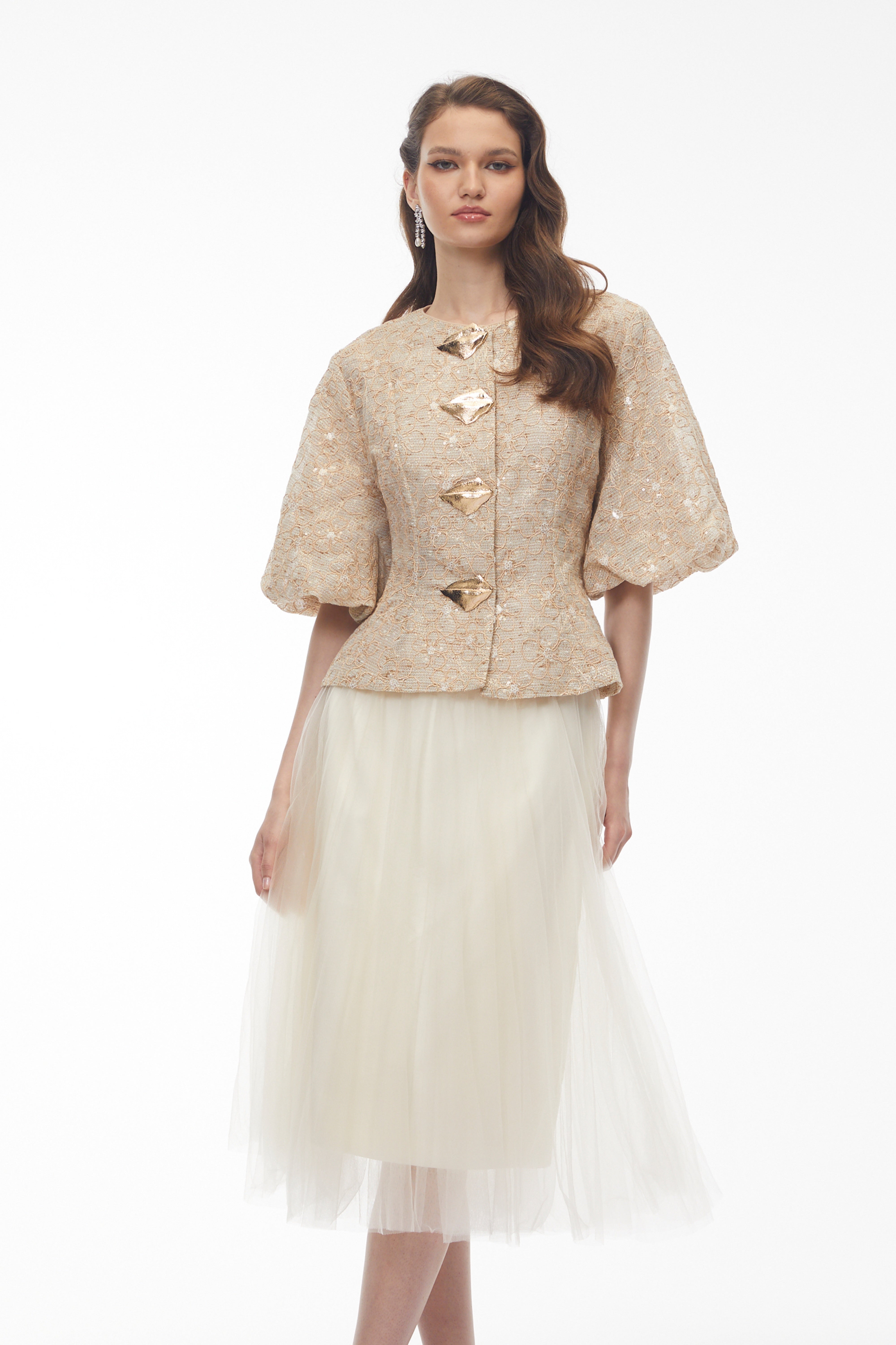 Veste à basque brodée de fleurs Clara Champagne