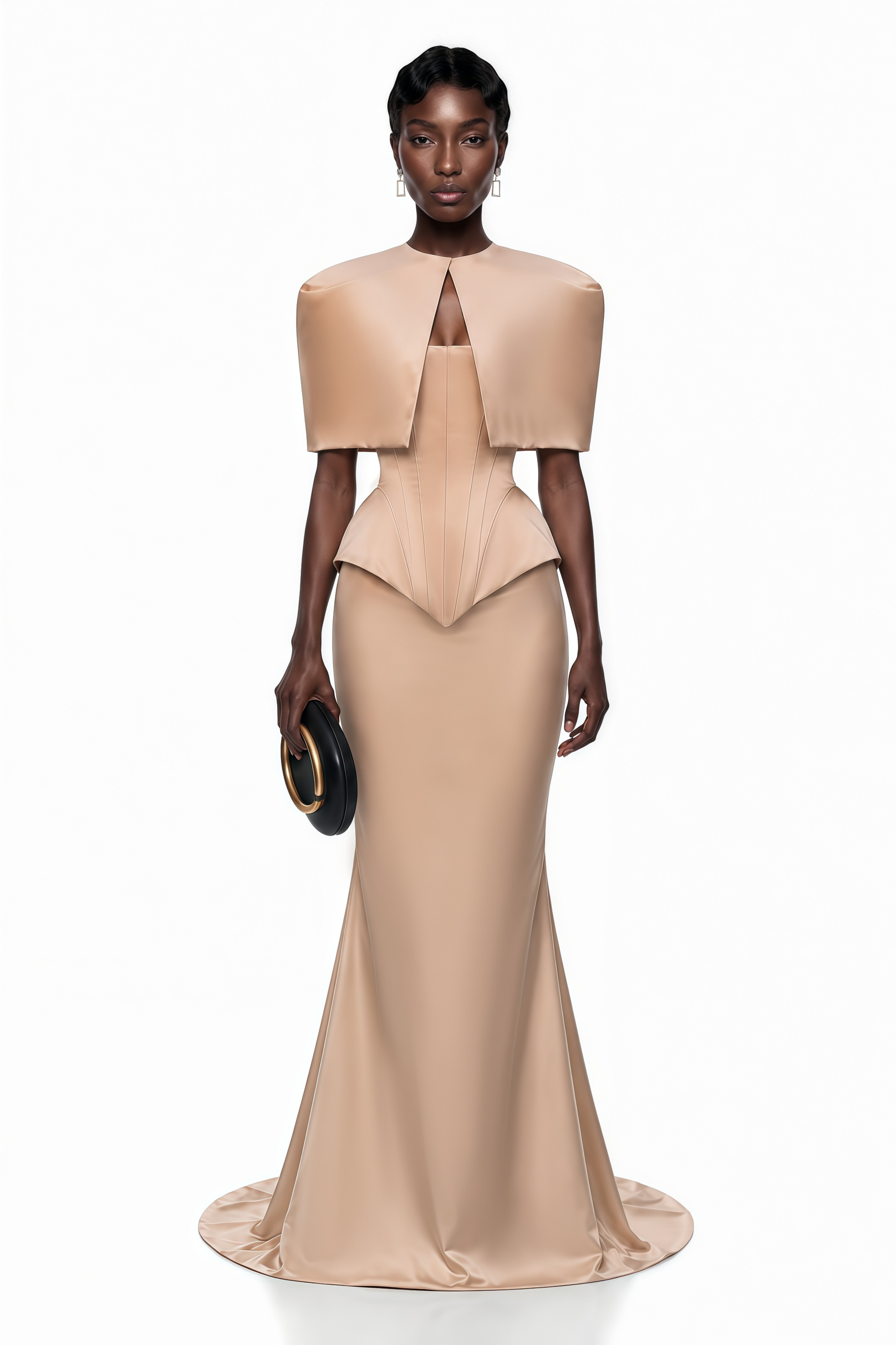 Nude beige satin mermaid gown featuring a structured corset bodice and a matching sculptural caped bolero